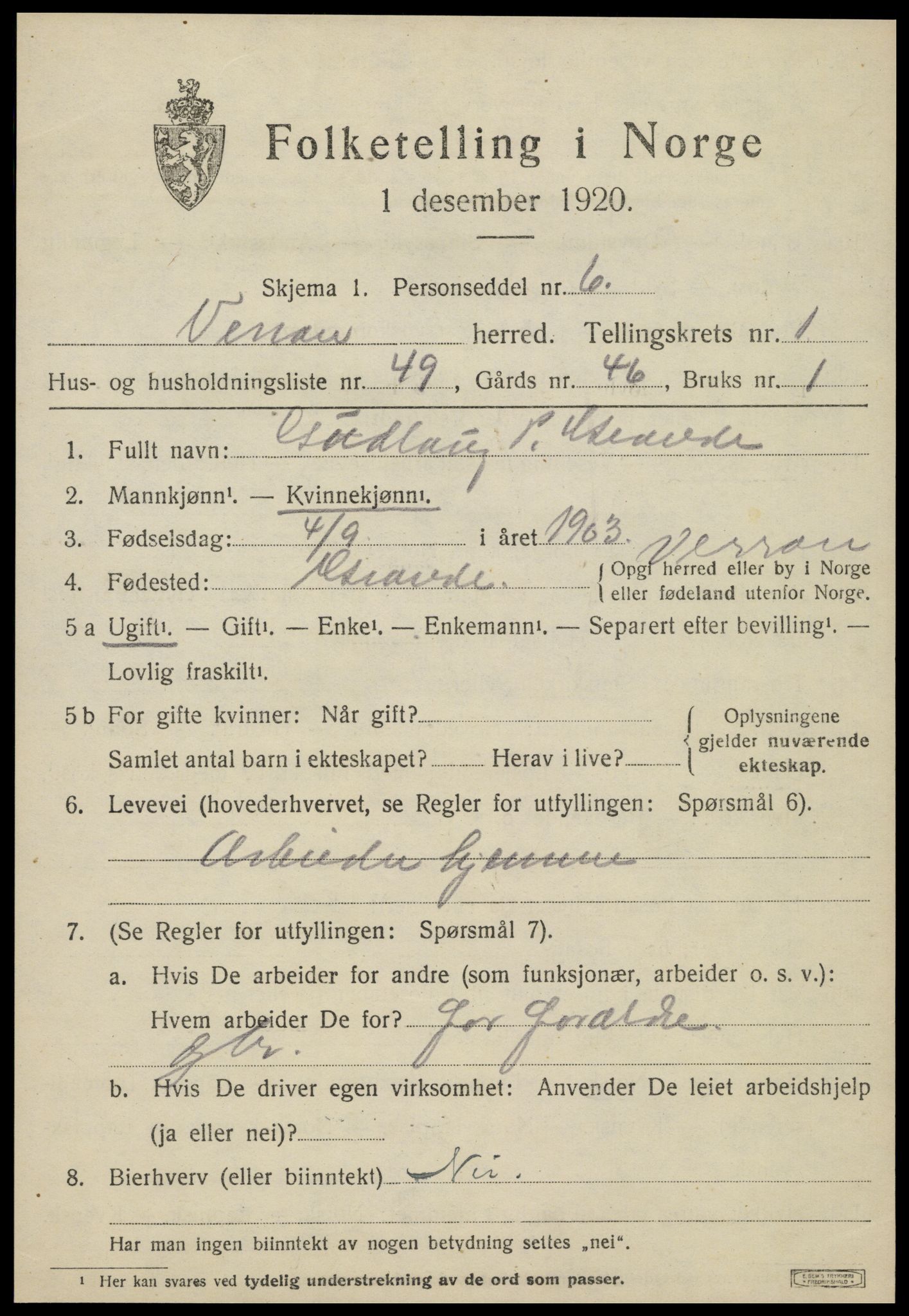 SAT, 1920 census for Verran, 1920, p. 1052