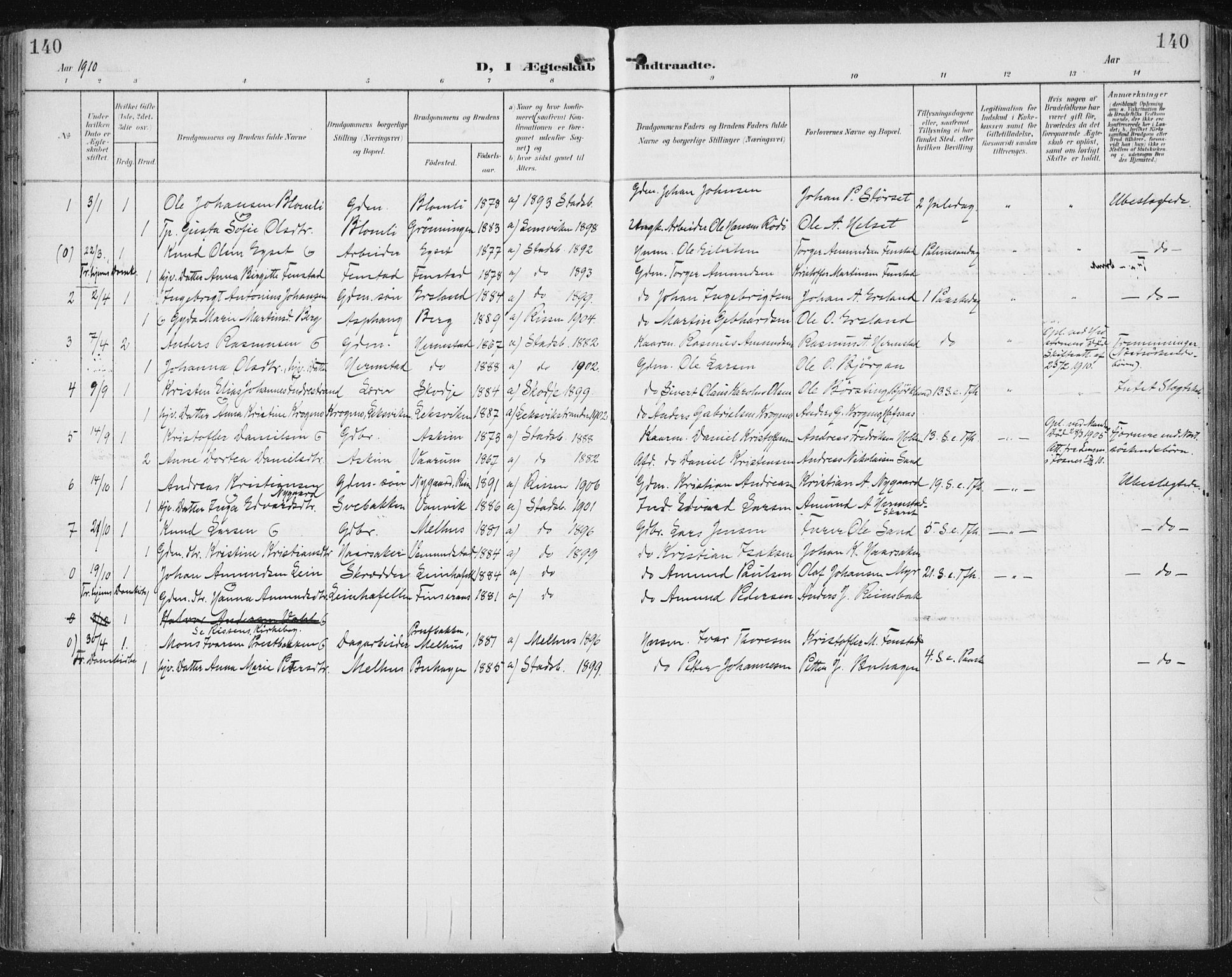 Ministerialprotokoller, klokkerbøker og fødselsregistre - Sør-Trøndelag, SAT/A-1456/646/L0616: Parish register (official) no. 646A14, 1900-1918, p. 140