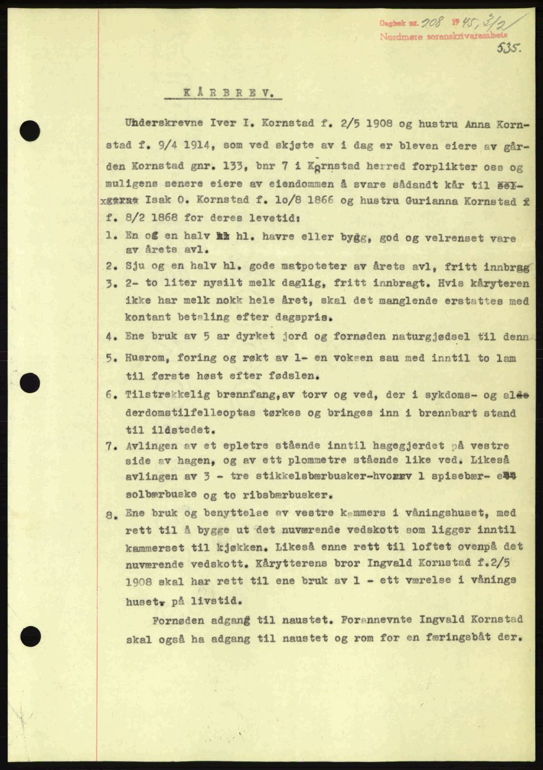 Nordmøre sorenskriveri, AV/SAT-A-4132/1/2/2Ca: Mortgage book no. B92, 1944-1945, Diary no: : 208/1945