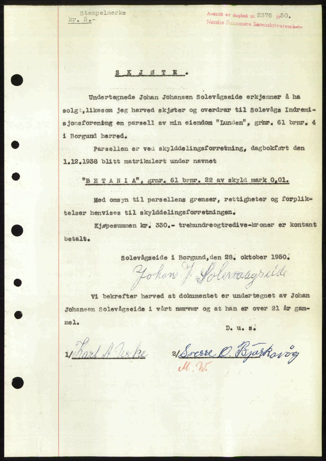 Nordre Sunnmøre sorenskriveri, AV/SAT-A-0006/1/2/2C/2Ca: Mortgage book no. A36, 1950-1950, Diary no: : 2376/1950