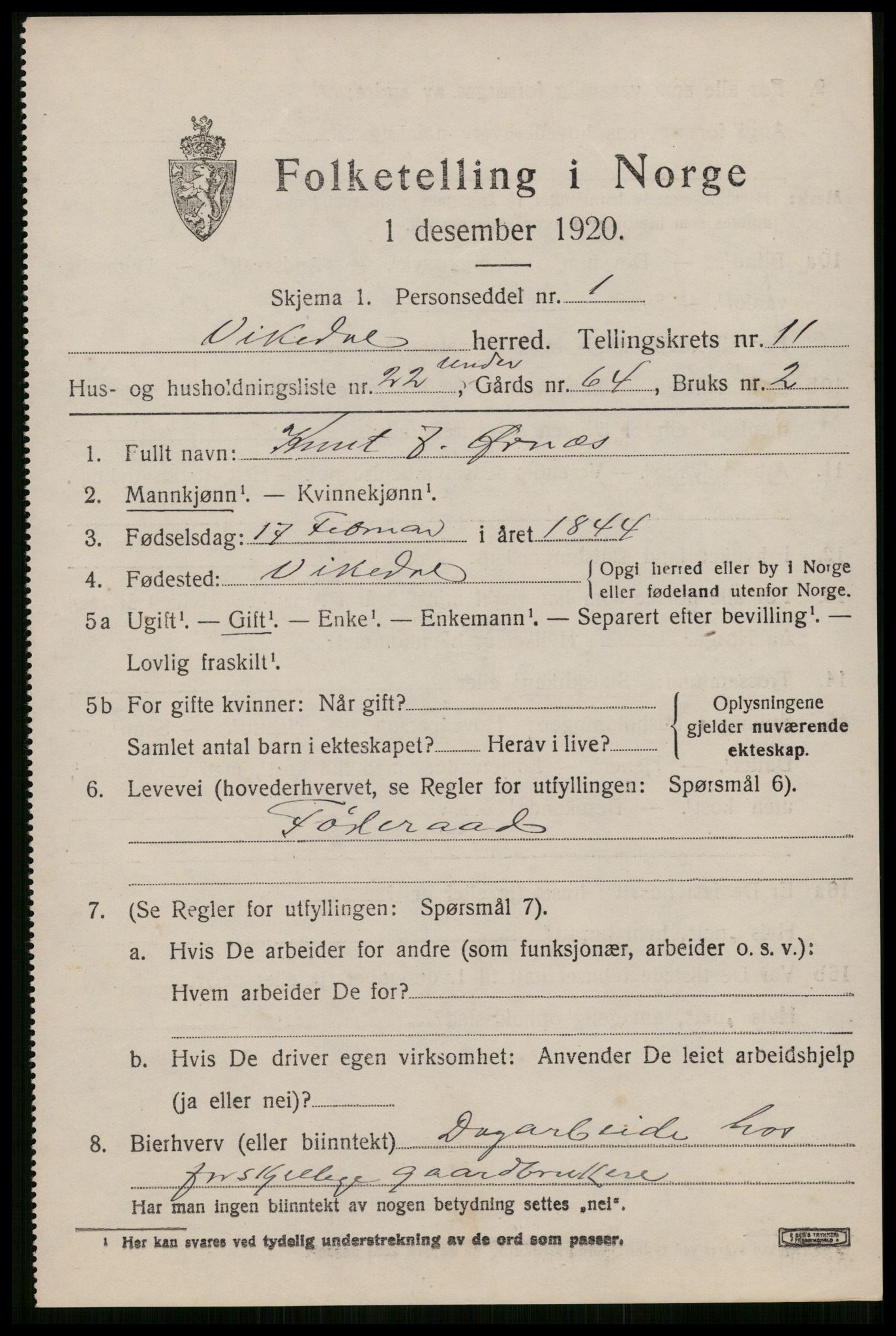 SAST, 1920 census for Vikedal, 1920, p. 3753