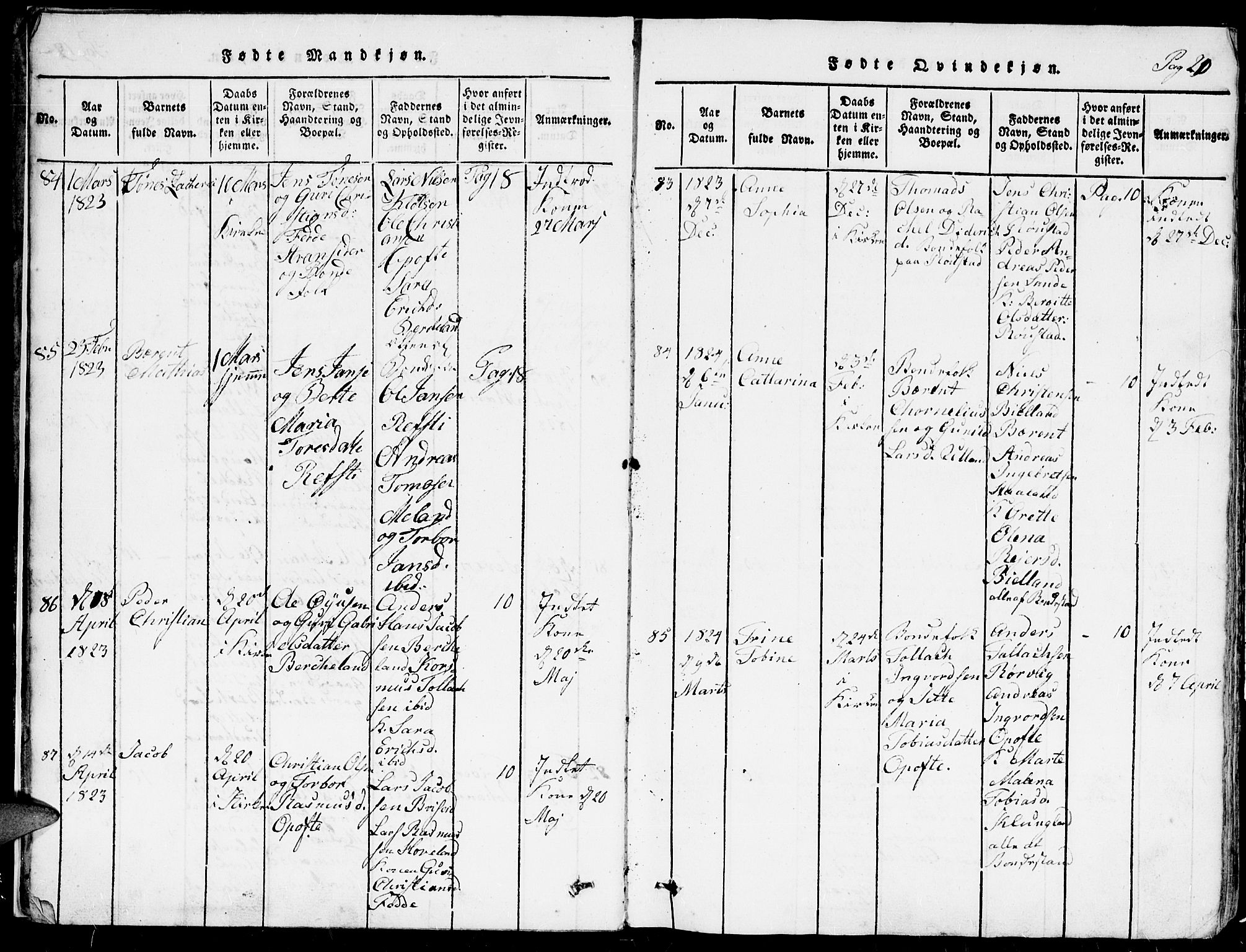 Kvinesdal sokneprestkontor, SAK/1111-0026/F/Fa/Faa/L0001: Parish register (official) no. A 1, 1815-1849, p. 20
