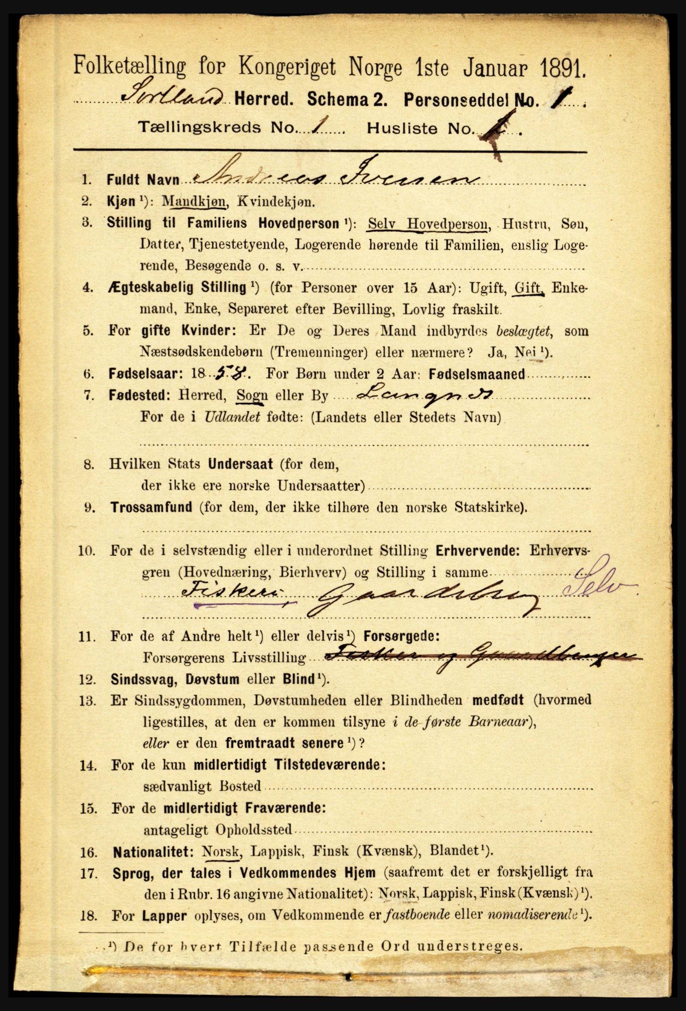 RA, 1891 census for 1870 Sortland, 1891, p. 123