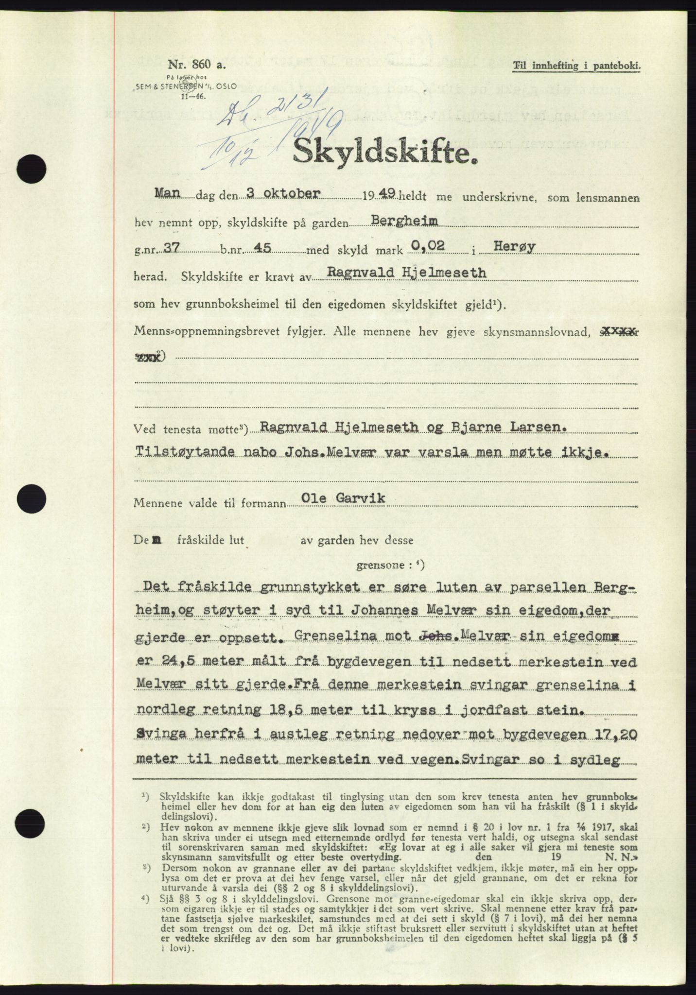 Søre Sunnmøre sorenskriveri, AV/SAT-A-4122/1/2/2C/L0085: Mortgage book no. 11A, 1949-1949, Diary no: : 2131/1949