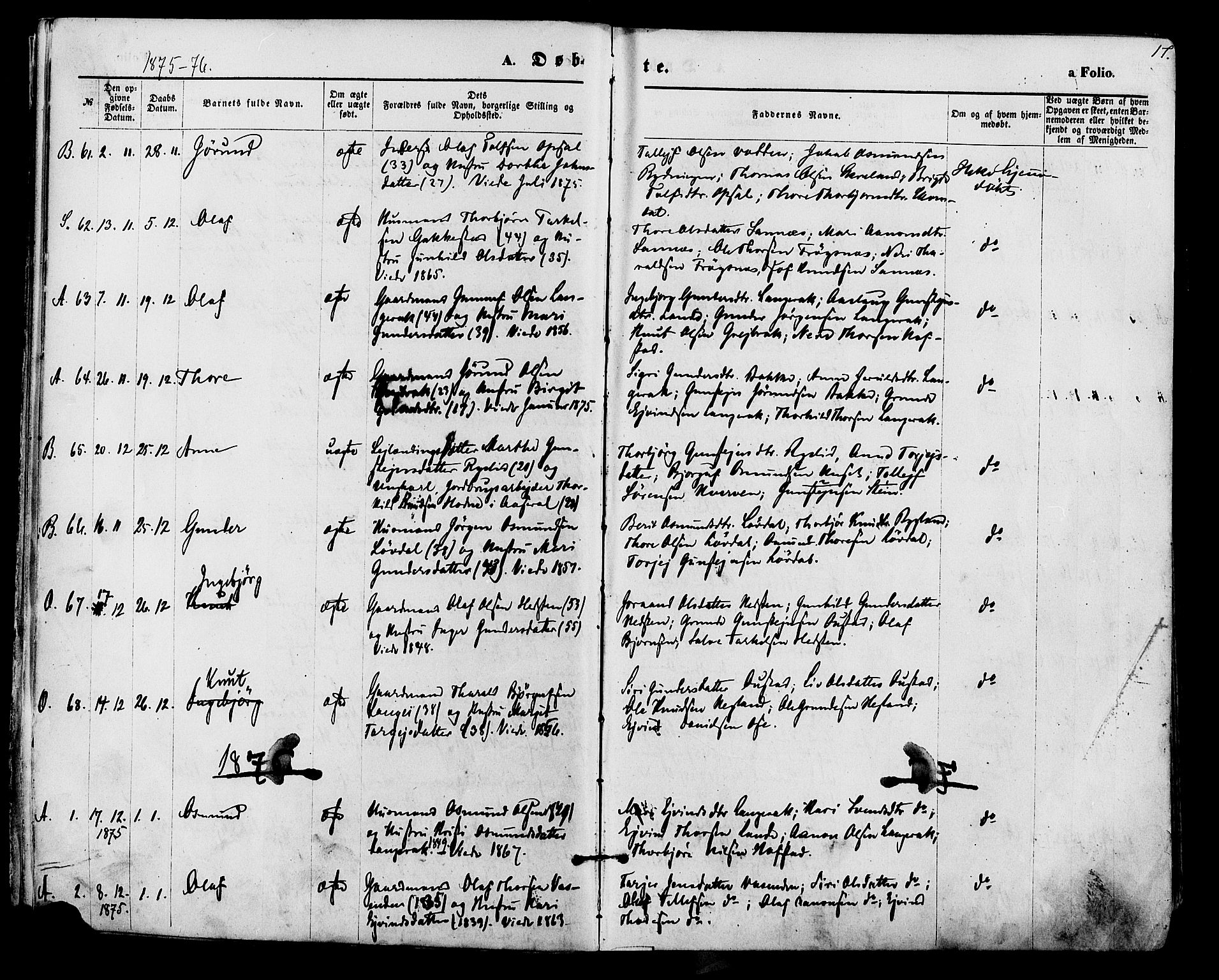 Bygland sokneprestkontor, SAK/1111-0006/F/Fa/Fab/L0006: Parish register (official) no. A 6, 1873-1884, p. 17