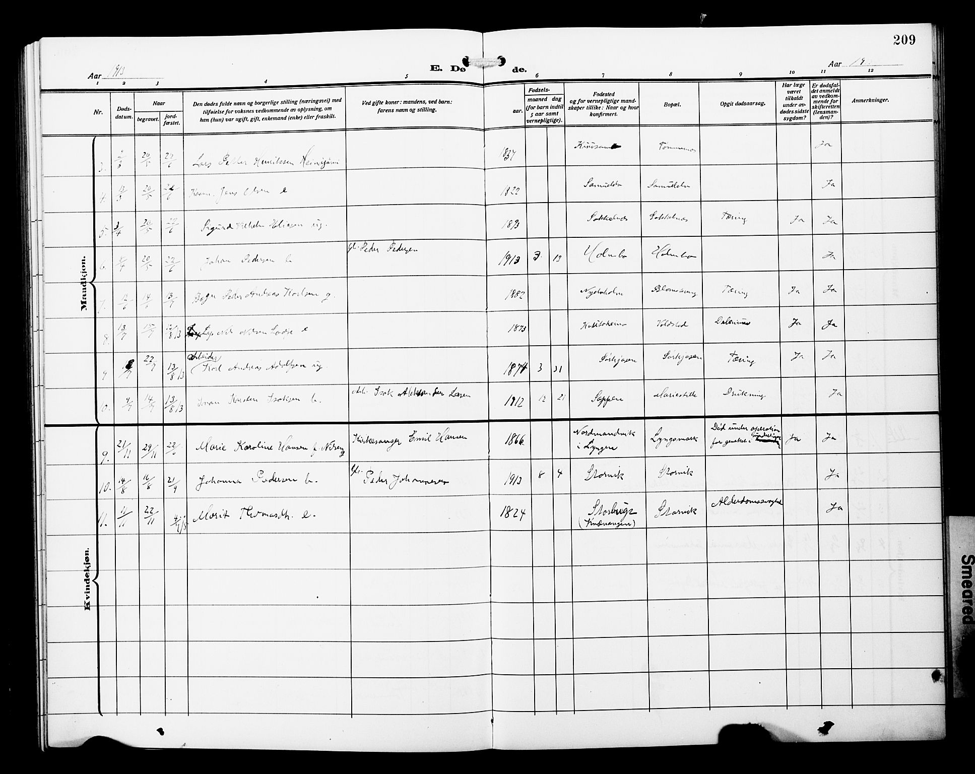 Skjervøy sokneprestkontor, AV/SATØ-S-1300/H/Ha/Hab/L0022klokker: Parish register (copy) no. 22, 1910-1926, p. 209