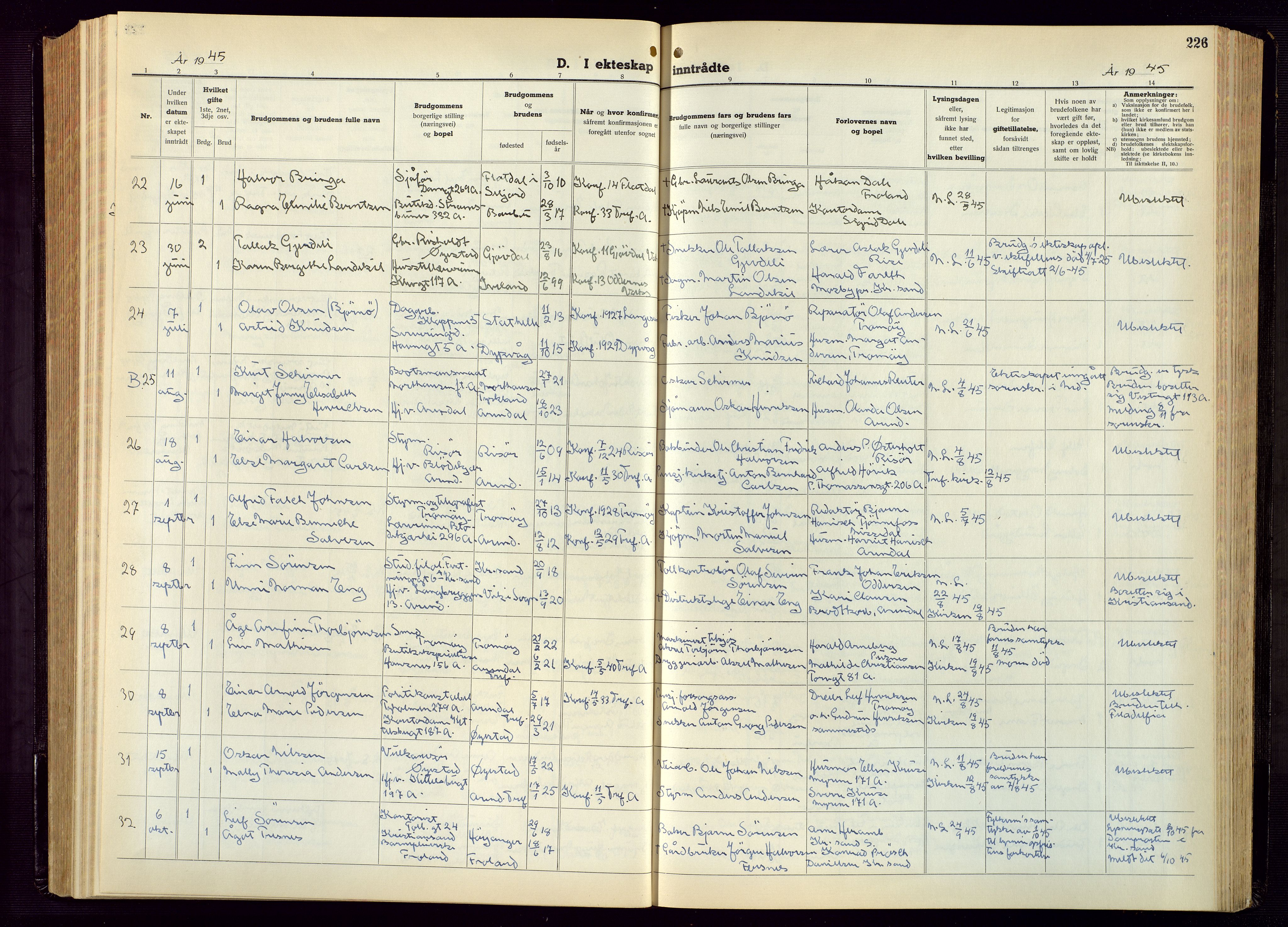 Arendal sokneprestkontor, Trefoldighet, AV/SAK-1111-0040/F/Fb/L0009: Parish register (copy) no. B 9, 1940-1949, p. 226