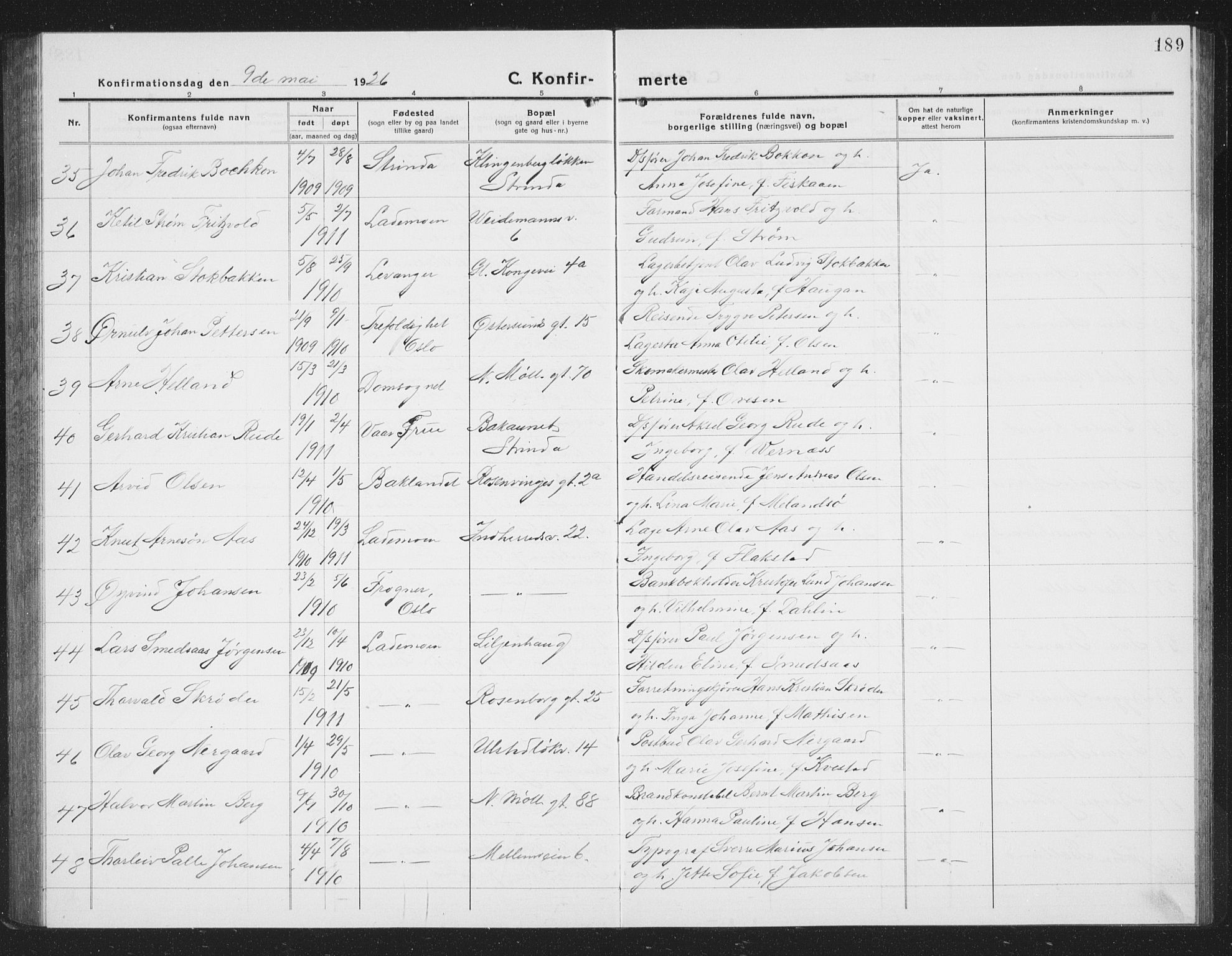 Ministerialprotokoller, klokkerbøker og fødselsregistre - Sør-Trøndelag, AV/SAT-A-1456/605/L0258: Parish register (copy) no. 605C05, 1918-1930, p. 189