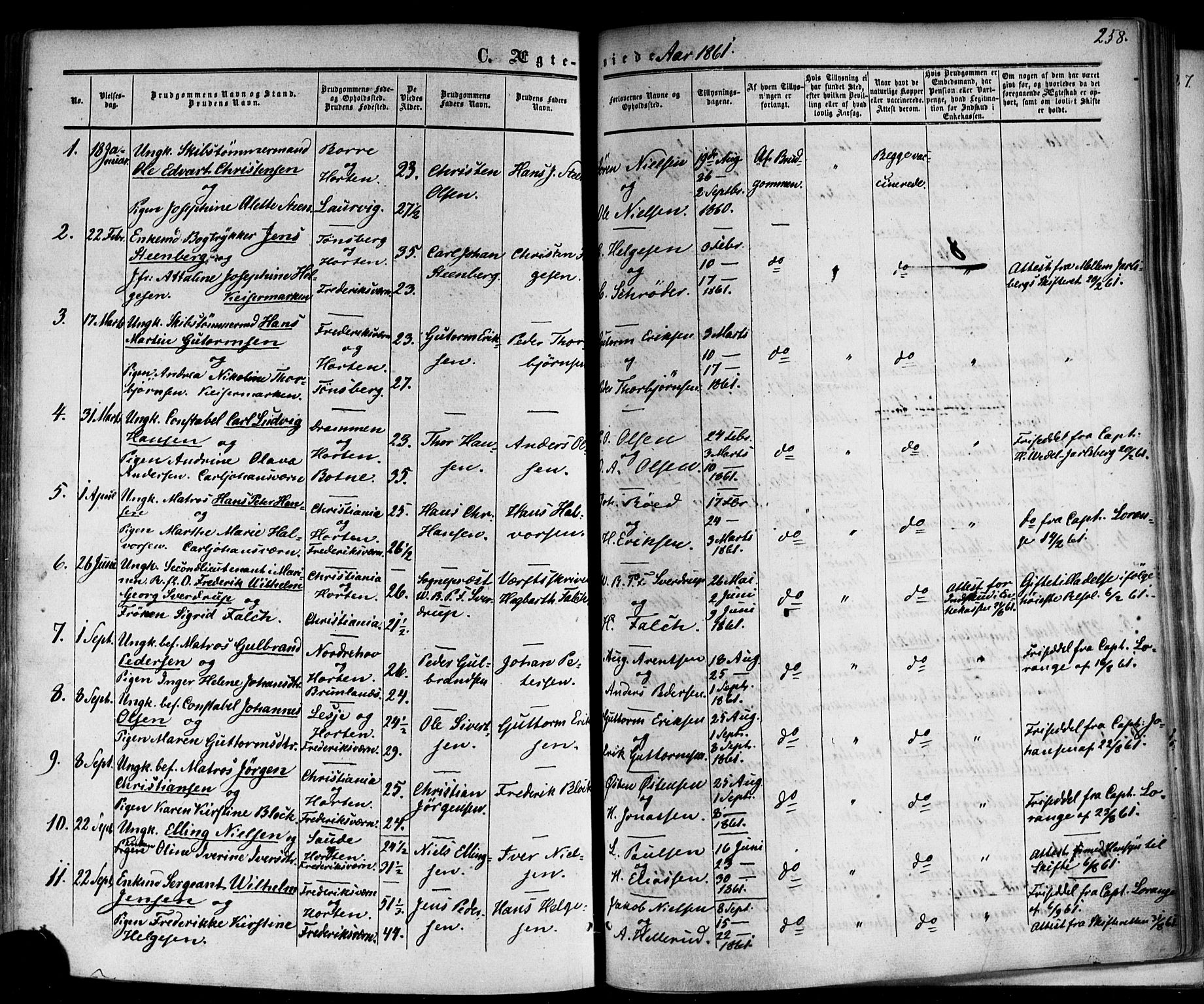 Horten kirkebøker, AV/SAKO-A-348/F/Fa/L0001: Parish register (official) no. 1, 1855-1871, p. 258