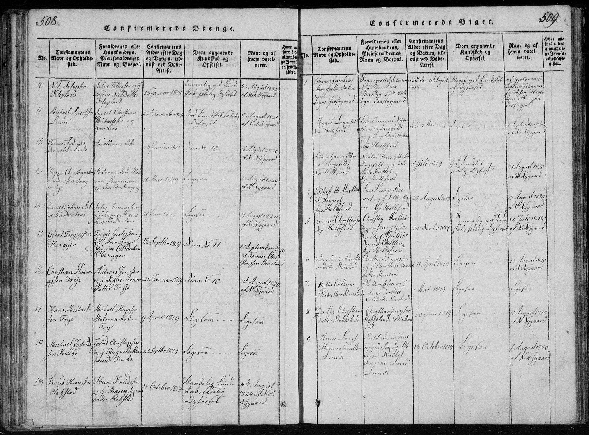 Søgne sokneprestkontor, SAK/1111-0037/F/Fb/Fbb/L0002: Parish register (copy) no. B 2, 1821-1838, p. 508-509