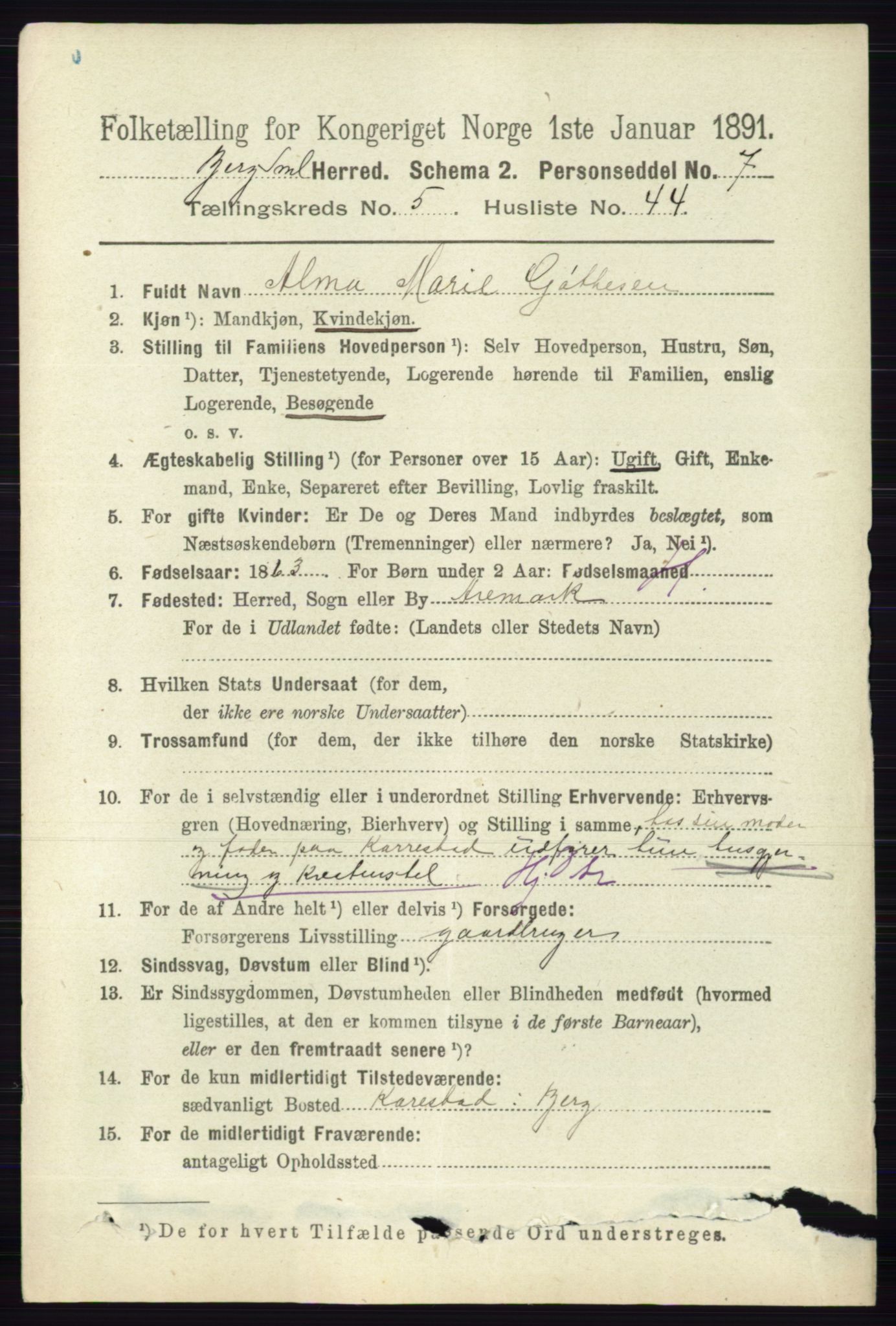 RA, 1891 census for 0116 Berg, 1891, p. 3622