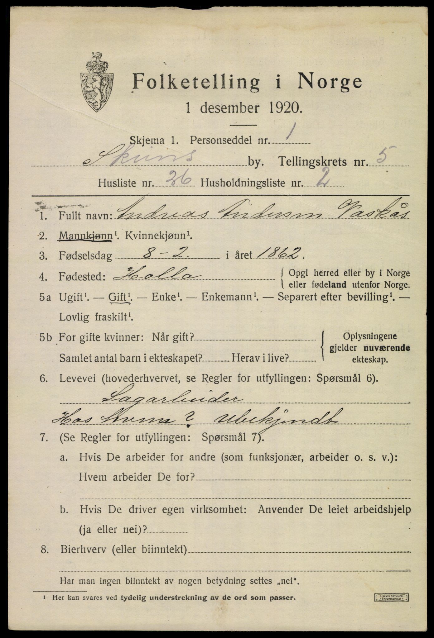 SAKO, 1920 census for Skien, 1920, p. 20018