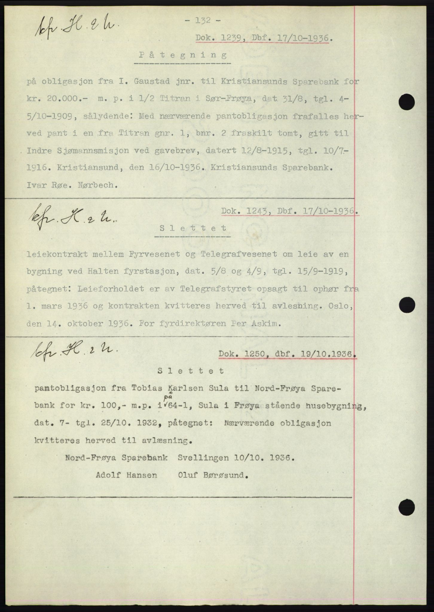 Hitra sorenskriveri, AV/SAT-A-0018/2/2C/2Ca: Mortgage book no. C1, 1936-1945, Diary no: : 1239/1936