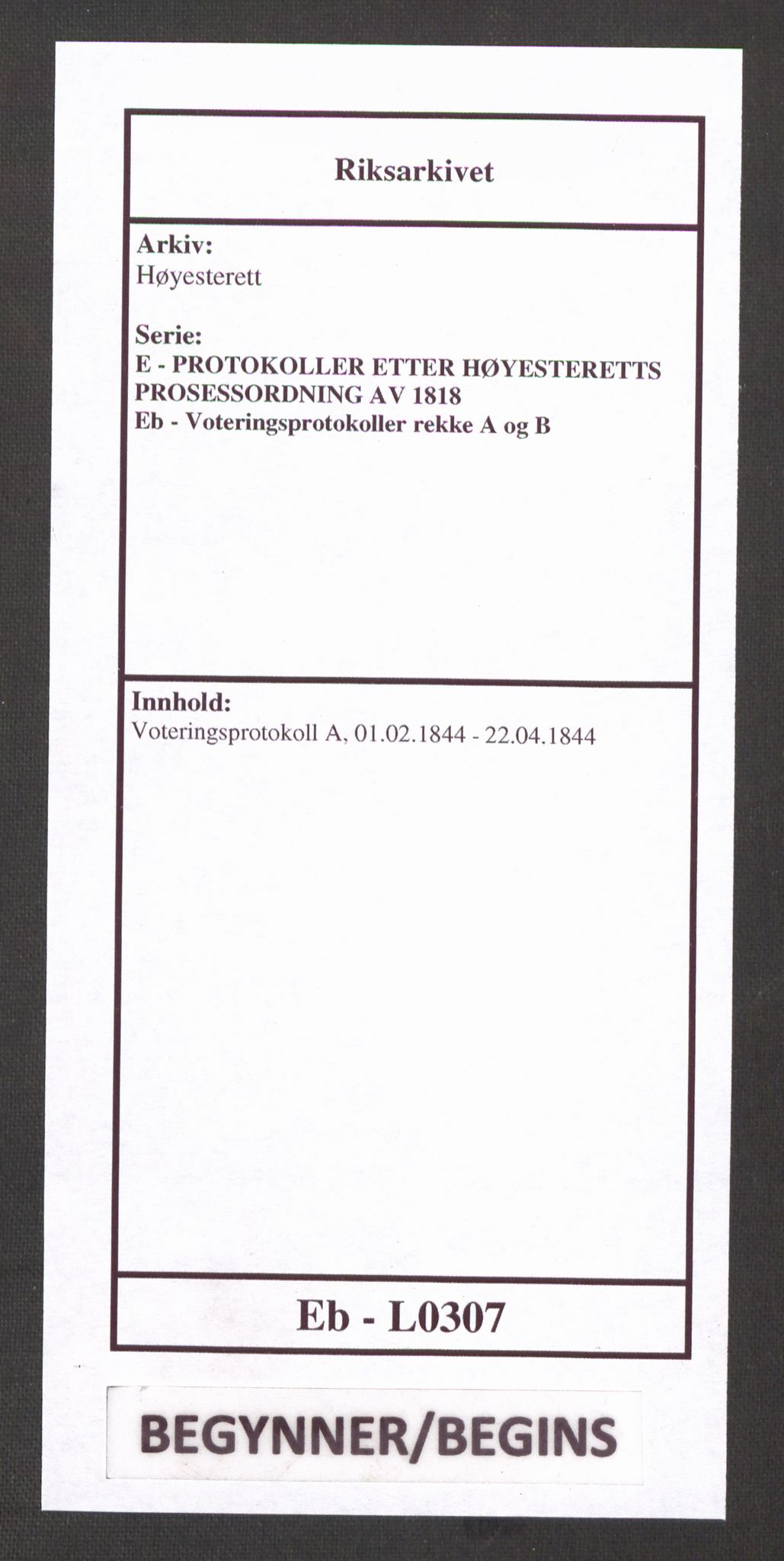 Høyesterett, RA/S-1002/E/Eb/Ebb/L0037/0002: Voteringsprotokoller / Voteringsprotokoll, 1844