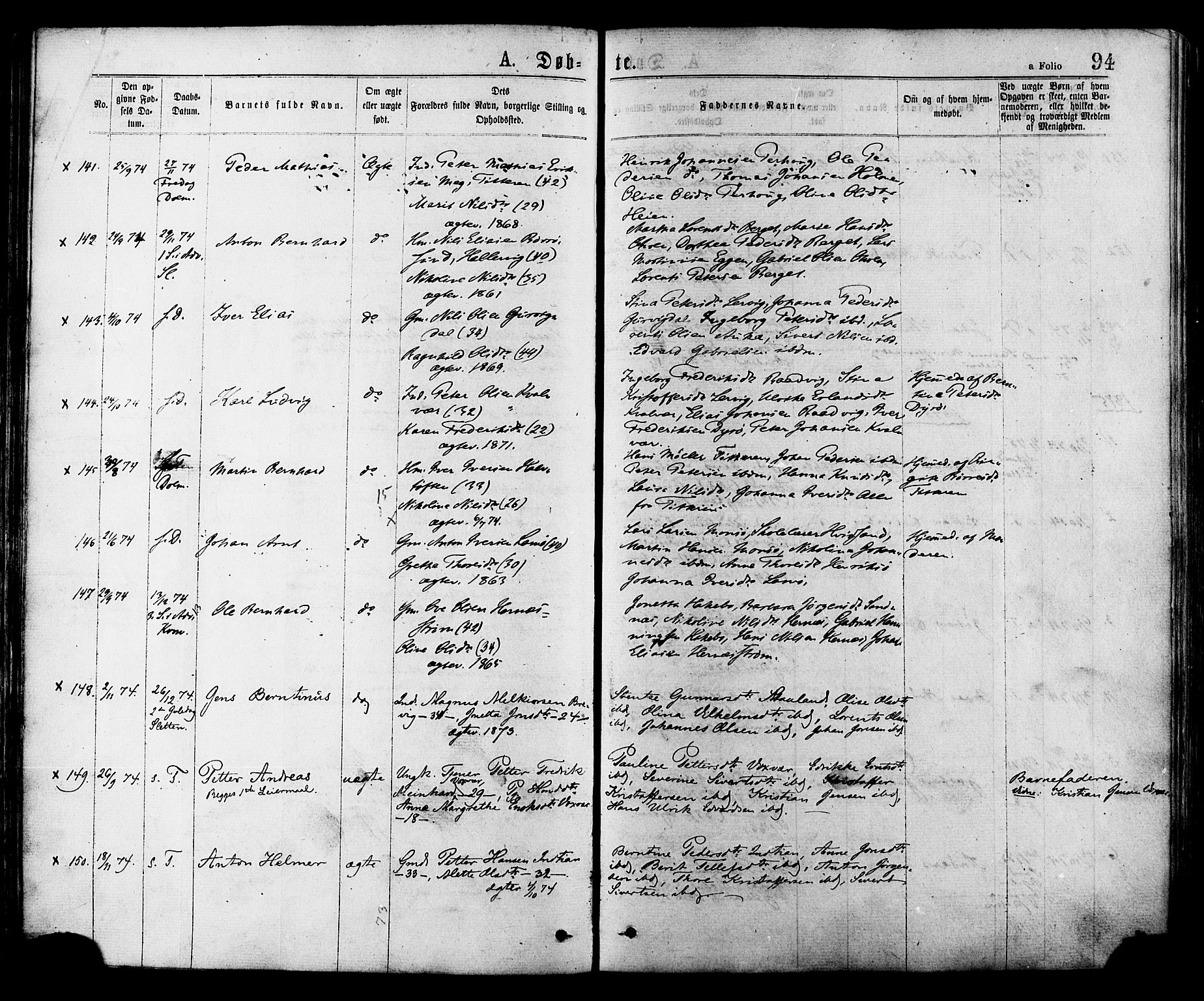 Ministerialprotokoller, klokkerbøker og fødselsregistre - Sør-Trøndelag, AV/SAT-A-1456/634/L0532: Parish register (official) no. 634A08, 1871-1881, p. 94