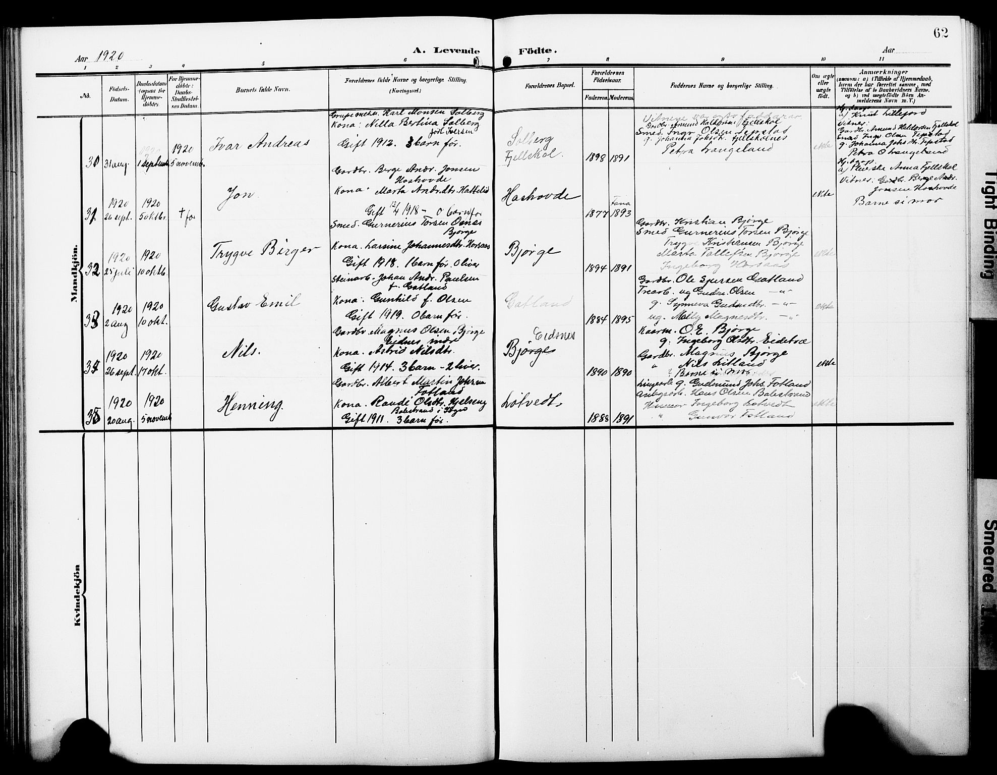 Hosanger sokneprestembete, AV/SAB-A-75801/H/Hab: Parish register (copy) no. A 4, 1904-1927, p. 62