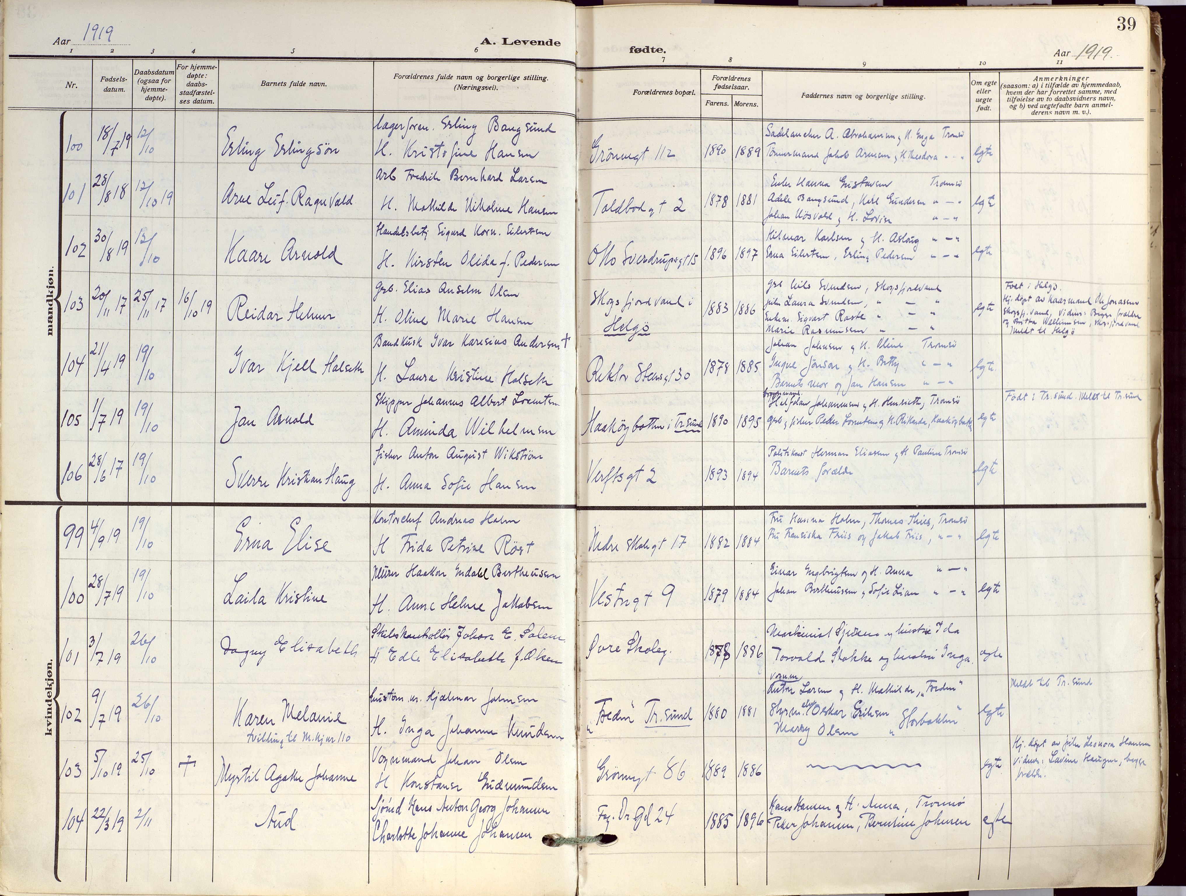 Tromsø sokneprestkontor/stiftsprosti/domprosti, AV/SATØ-S-1343/G/Ga/L0019kirke: Parish register (official) no. 19, 1917-1927, p. 39