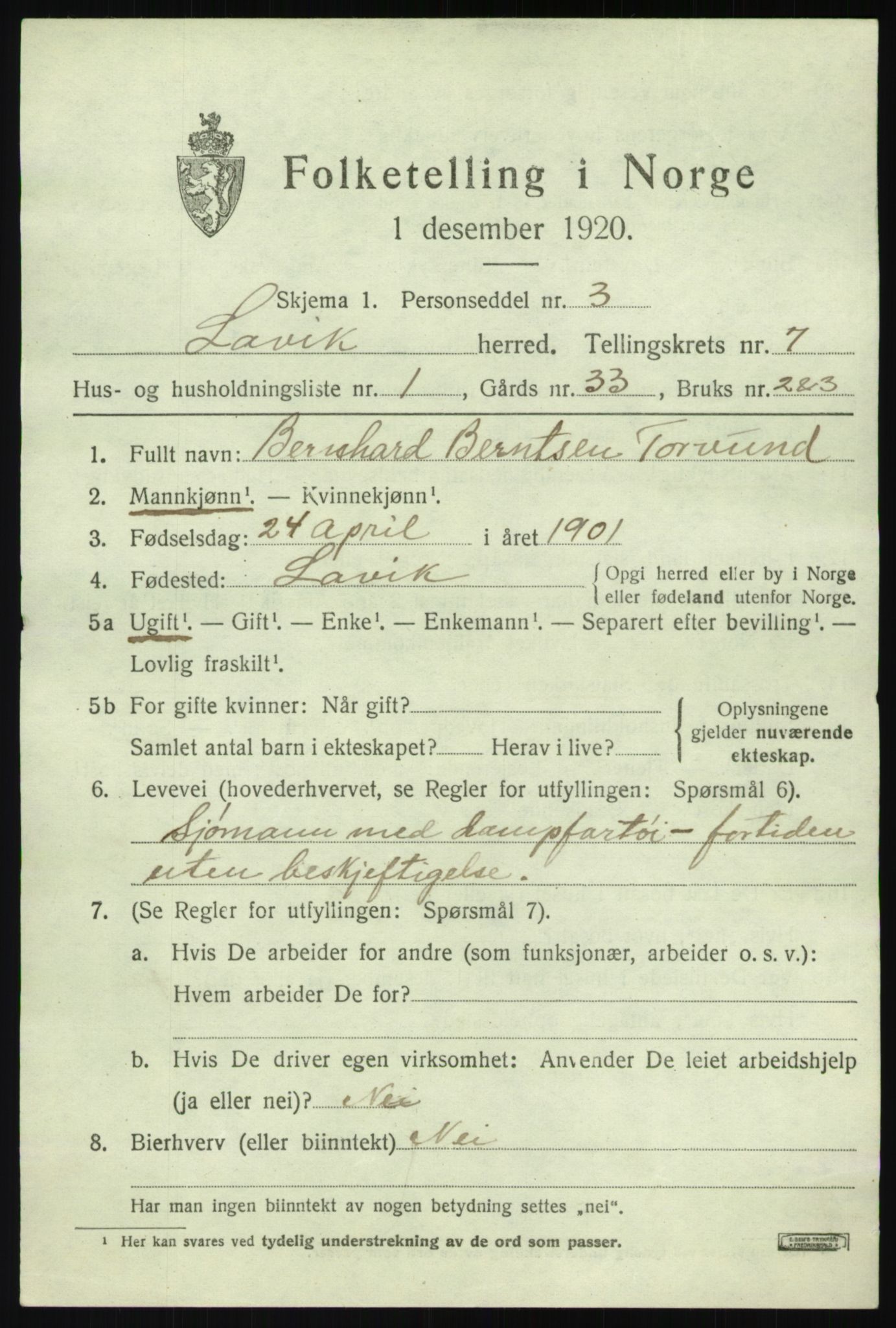 SAB, 1920 census for Lavik, 1920, p. 1528