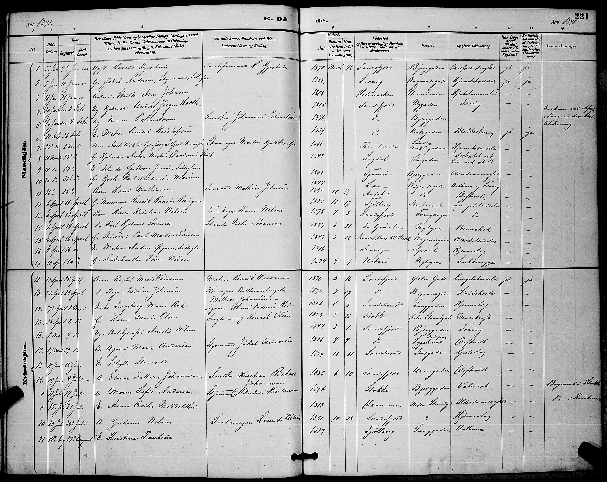 Sandefjord kirkebøker, AV/SAKO-A-315/G/Ga/L0001: Parish register (copy) no. 1, 1885-1903, p. 221