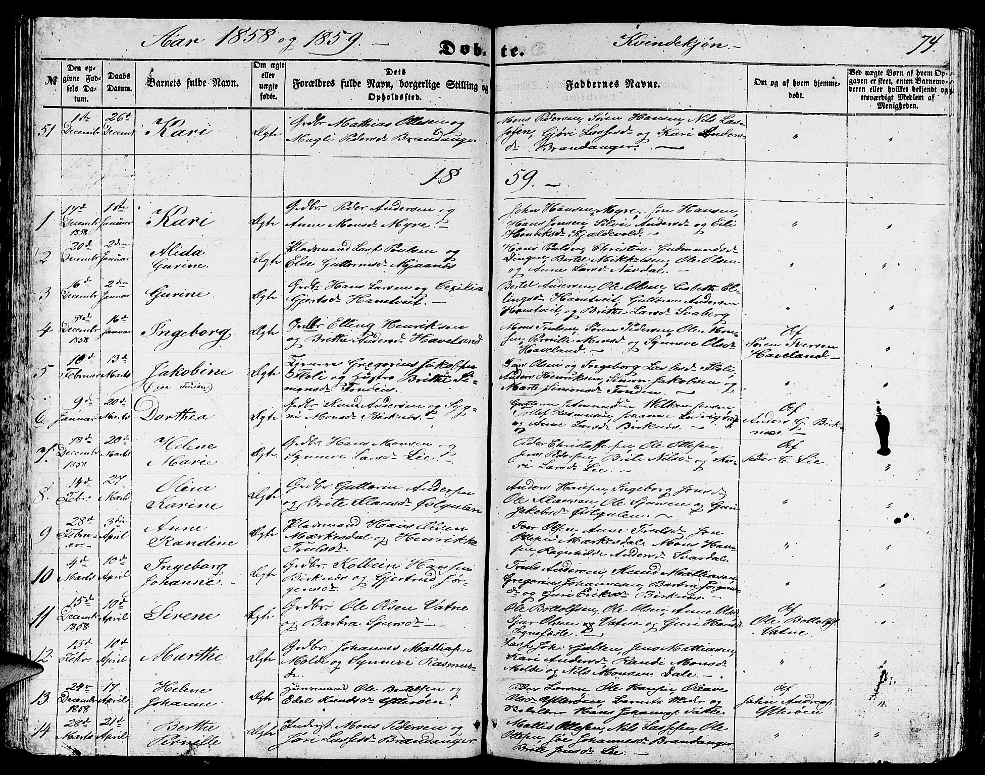 Gulen sokneprestembete, AV/SAB-A-80201/H/Hab/Habb/L0001: Parish register (copy) no. B 1, 1854-1866, p. 74