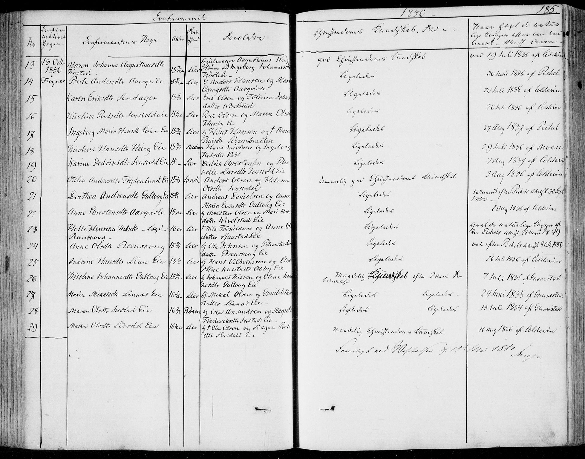 Lier kirkebøker, AV/SAKO-A-230/F/Fa/L0011: Parish register (official) no. I 11, 1843-1854, p. 185