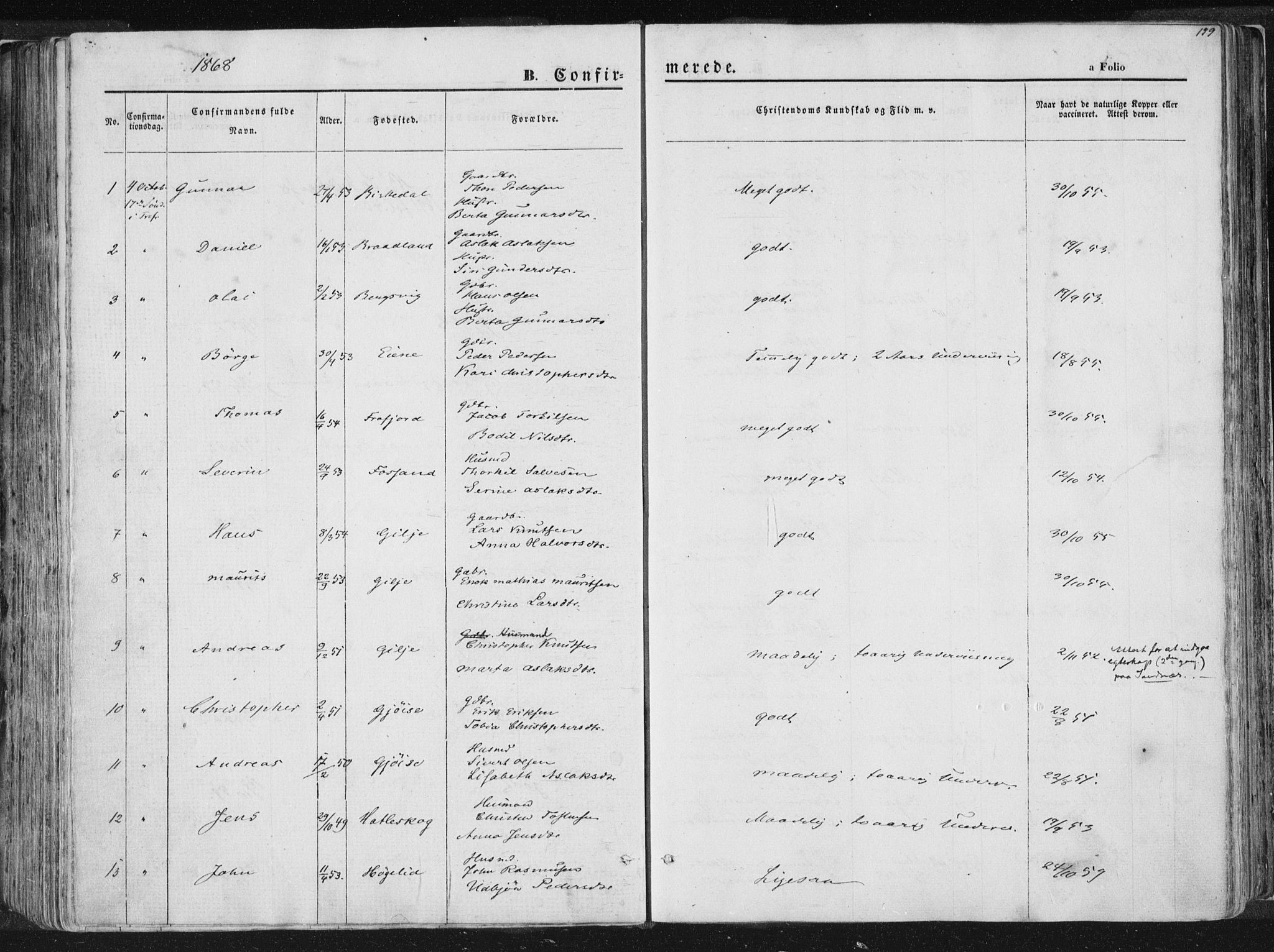 Høgsfjord sokneprestkontor, SAST/A-101624/H/Ha/Haa/L0001: Parish register (official) no. A 1, 1854-1875, p. 199