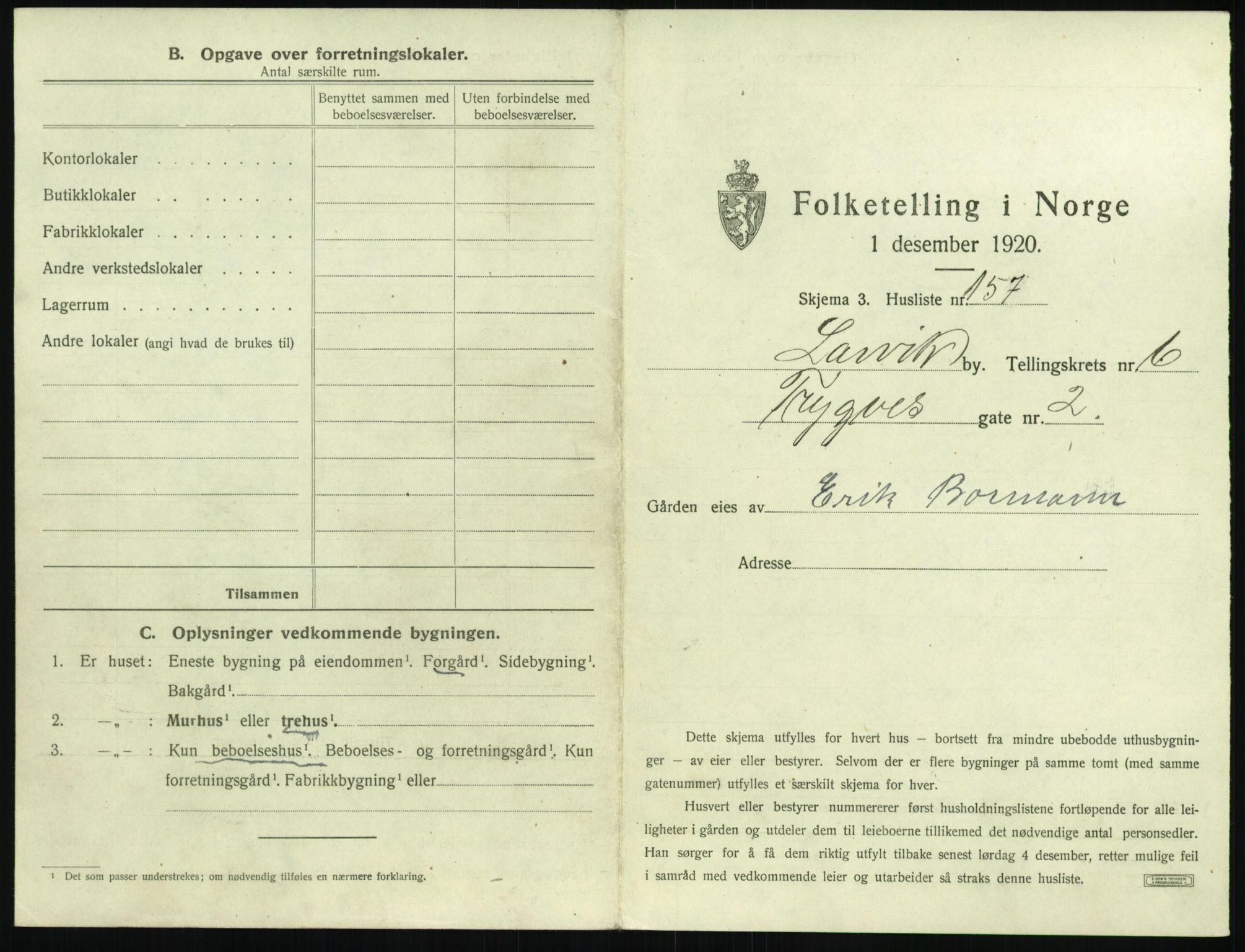 SAKO, 1920 census for Larvik, 1920, p. 1602