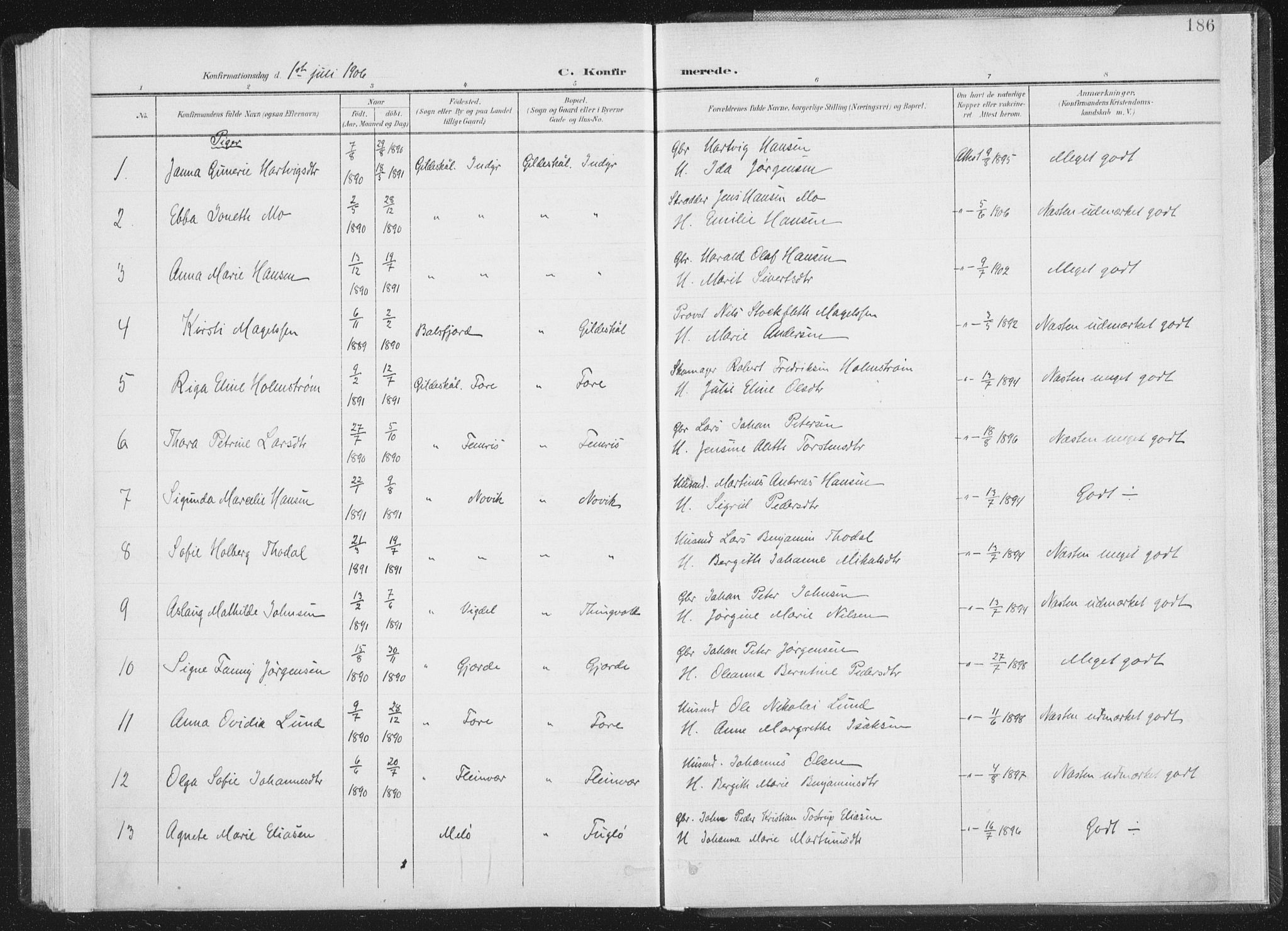 Ministerialprotokoller, klokkerbøker og fødselsregistre - Nordland, AV/SAT-A-1459/805/L0102: Parish register (official) no. 805A08I, 1900-1909, p. 186