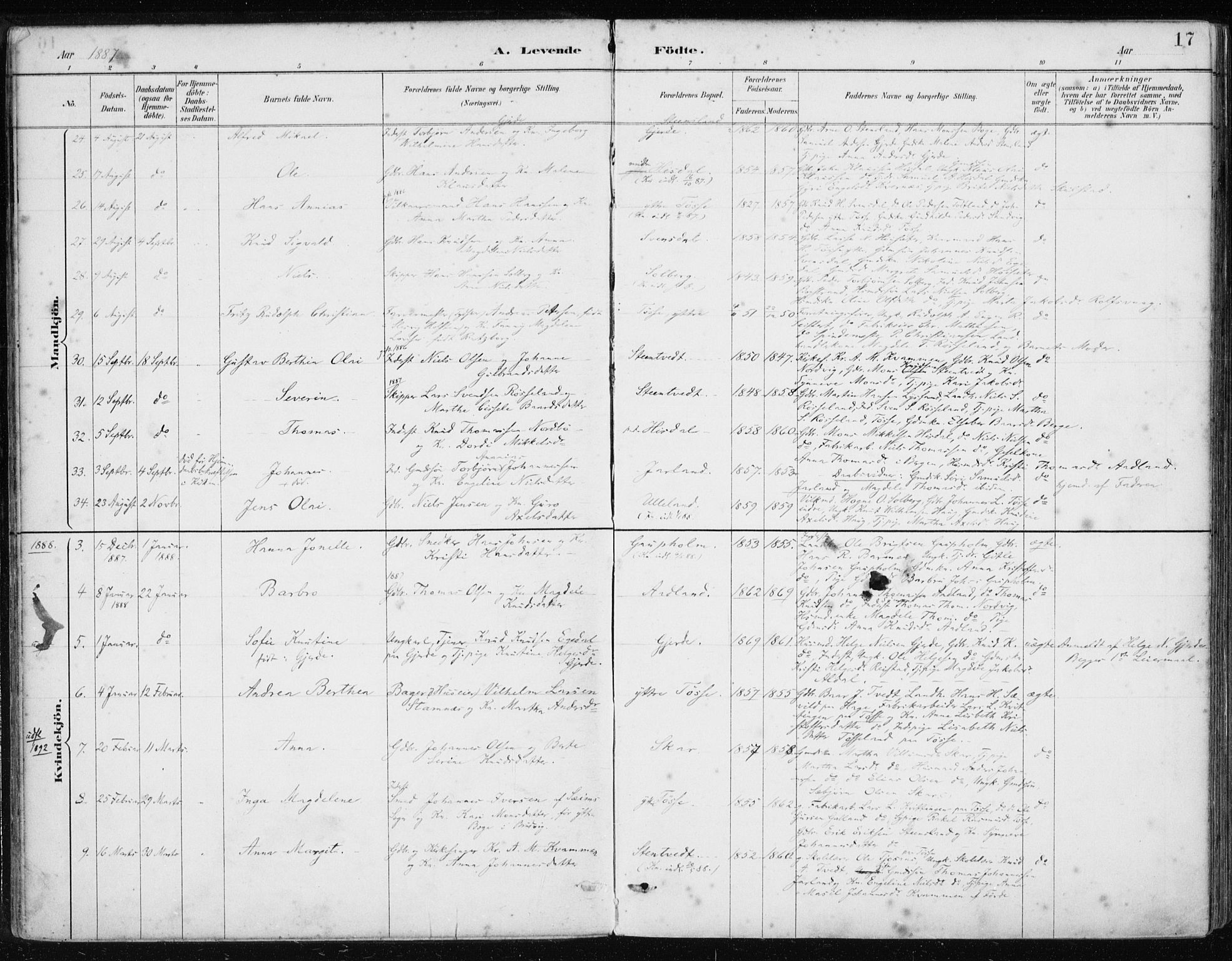 Samnanger Sokneprestembete, AV/SAB-A-77501/H/Haa: Parish register (official) no. A 1, 1885-1901, p. 17