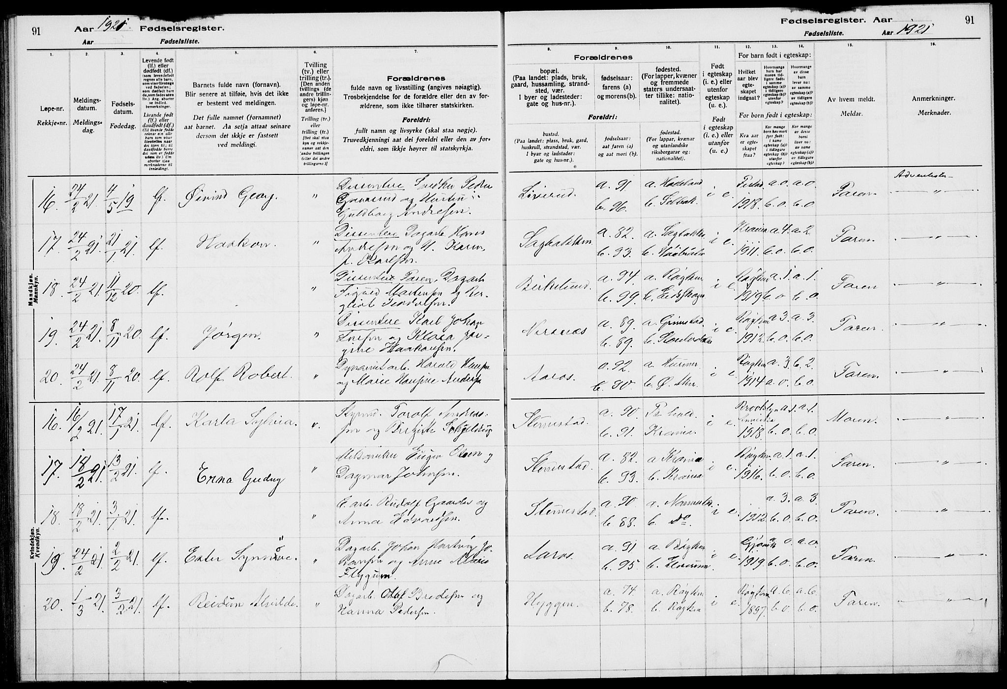 Røyken kirkebøker, AV/SAKO-A-241/J/Ja/L0001: Birth register no. 1, 1916-1927, p. 91