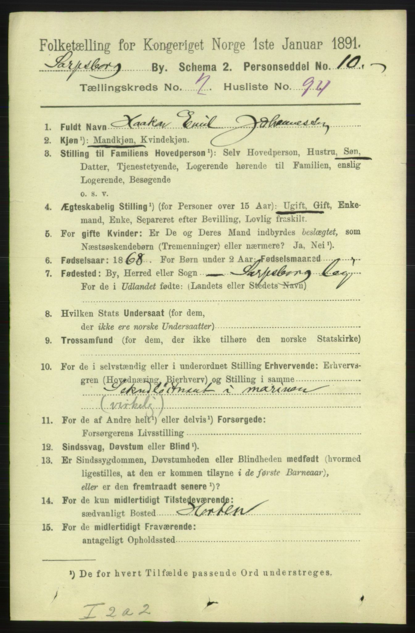 RA, 1891 census for 0102 Sarpsborg, 1891, p. 2185