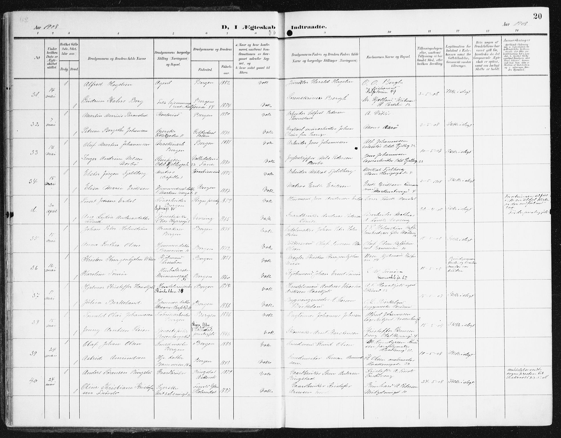 Domkirken sokneprestembete, AV/SAB-A-74801/H/Haa/L0038: Parish register (official) no. D 5, 1906-1921, p. 20