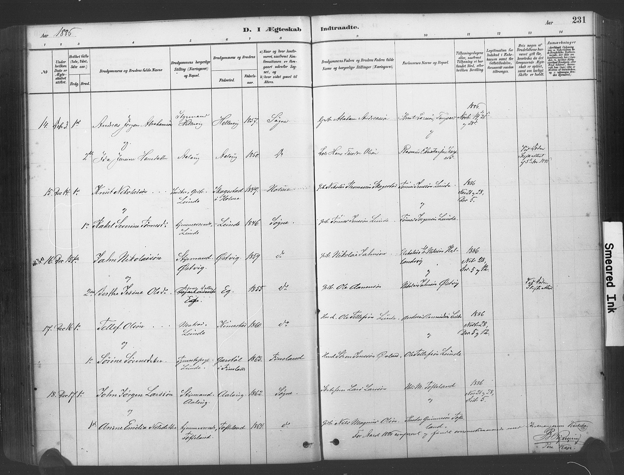 Søgne sokneprestkontor, SAK/1111-0037/F/Fa/Fab/L0012: Parish register (official) no. A 12, 1880-1891, p. 231