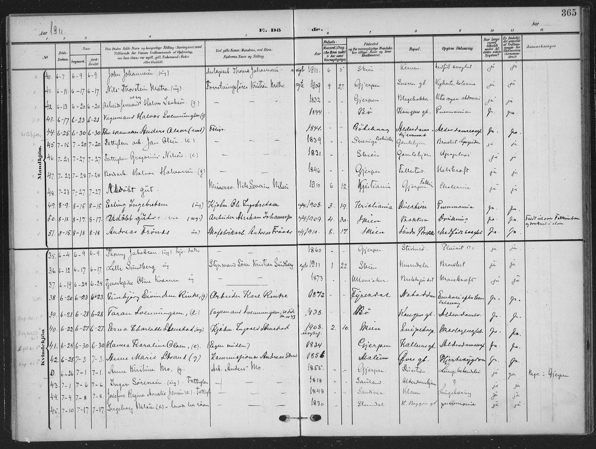 Skien kirkebøker, AV/SAKO-A-302/F/Fa/L0012: Parish register (official) no. 12, 1908-1914, p. 365