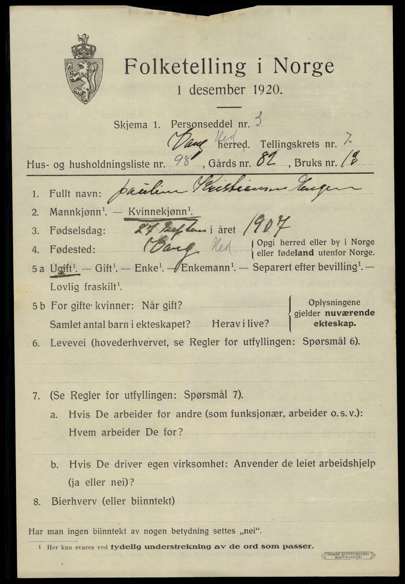 SAH, 1920 census for Vang (Hedmark), 1920, p. 17007