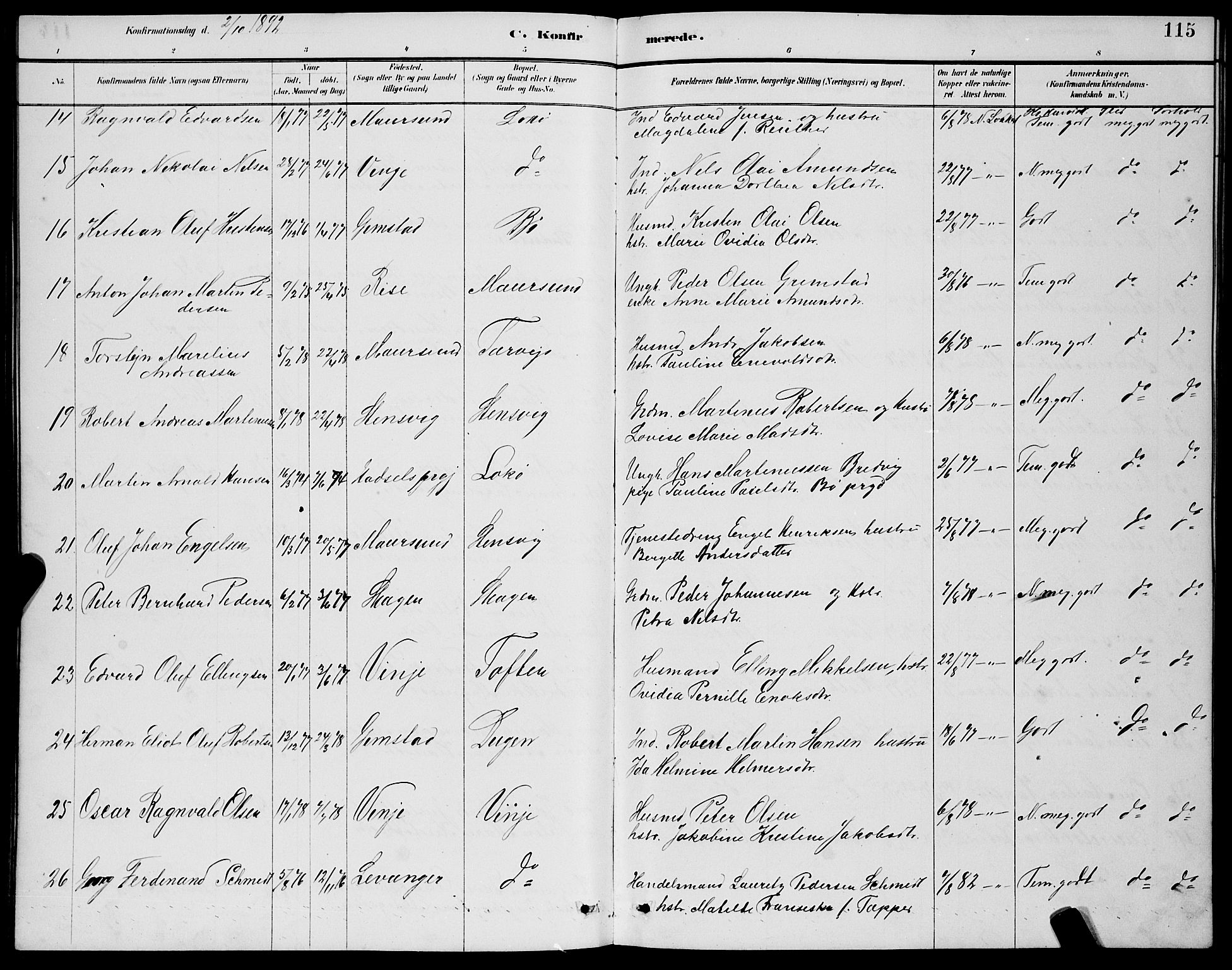 Ministerialprotokoller, klokkerbøker og fødselsregistre - Nordland, AV/SAT-A-1459/891/L1315: Parish register (copy) no. 891C04, 1886-1893, p. 115