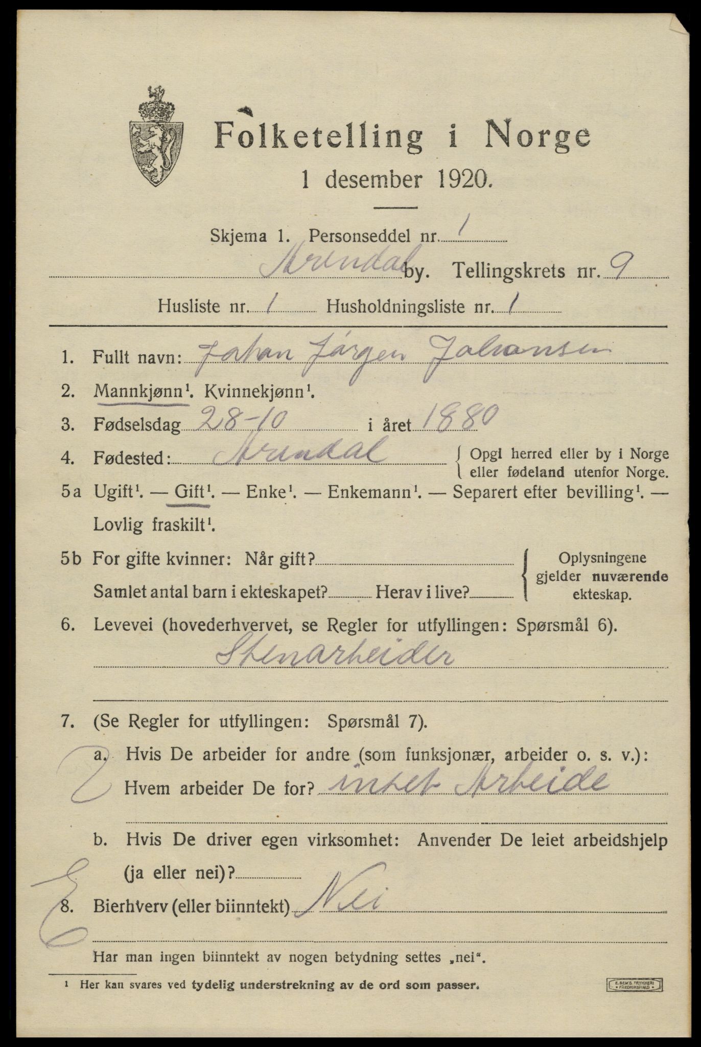 SAK, 1920 census for Arendal, 1920, p. 16098