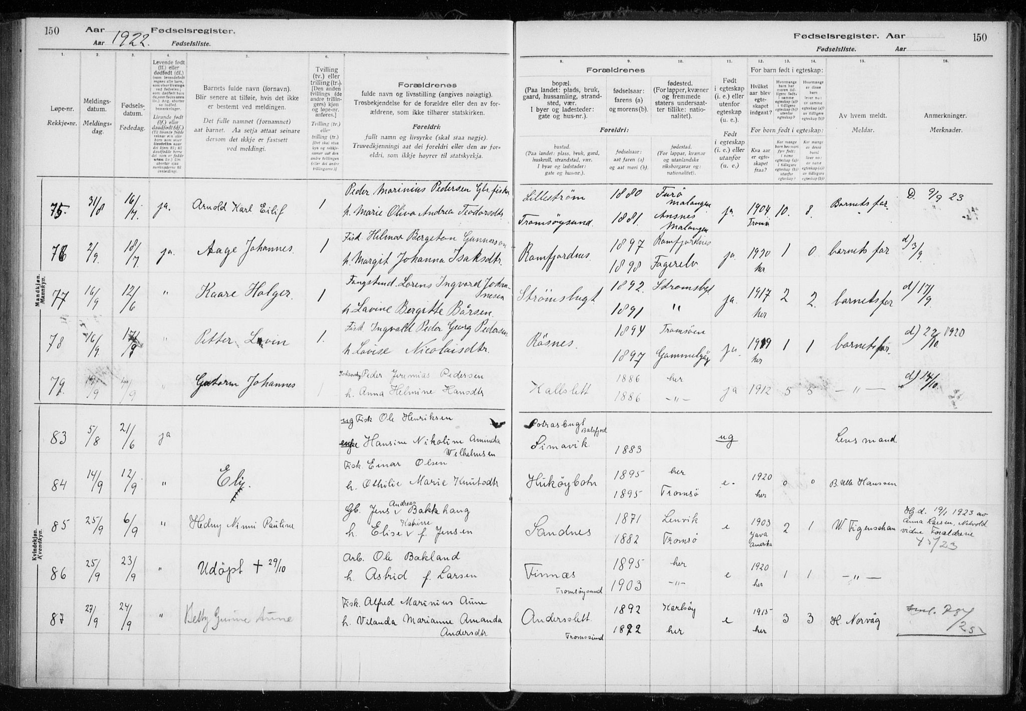 Tromsøysund sokneprestkontor, AV/SATØ-S-1304/H/Ha/L0079: Birth register no. 79, 1916-1924, p. 150