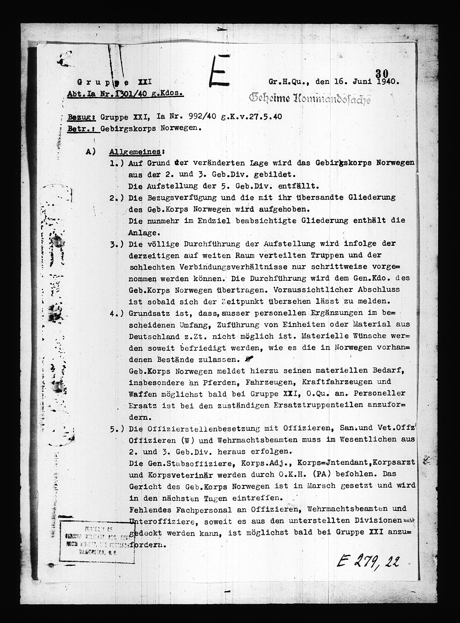 Documents Section, RA/RAFA-2200/V/L0083: Amerikansk mikrofilm "Captured German Documents".
Box No. 722.  FKA jnr. 615/1954., 1940, p. 441