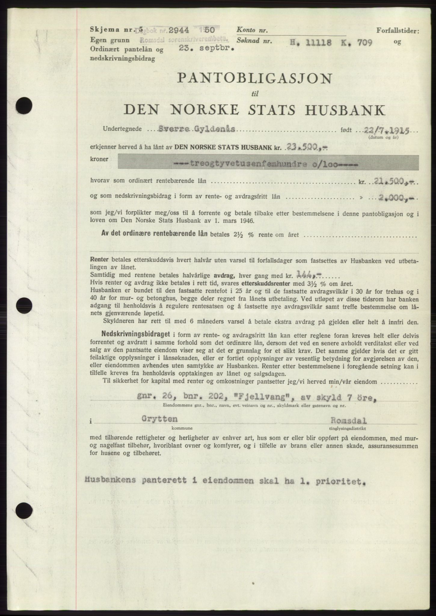 Romsdal sorenskriveri, AV/SAT-A-4149/1/2/2C: Mortgage book no. B5, 1949-1950, Diary no: : 2944/1950