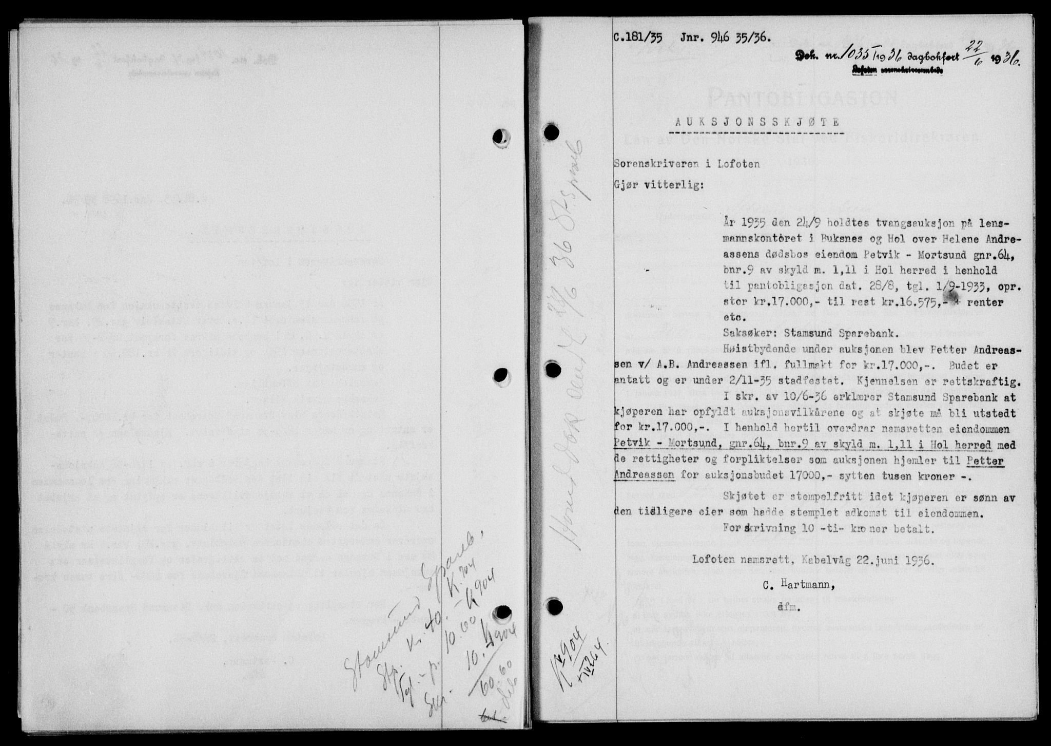Lofoten sorenskriveri, SAT/A-0017/1/2/2C/L0033b: Mortgage book no. 33b, 1936-1936, Diary no: : 1035/1936