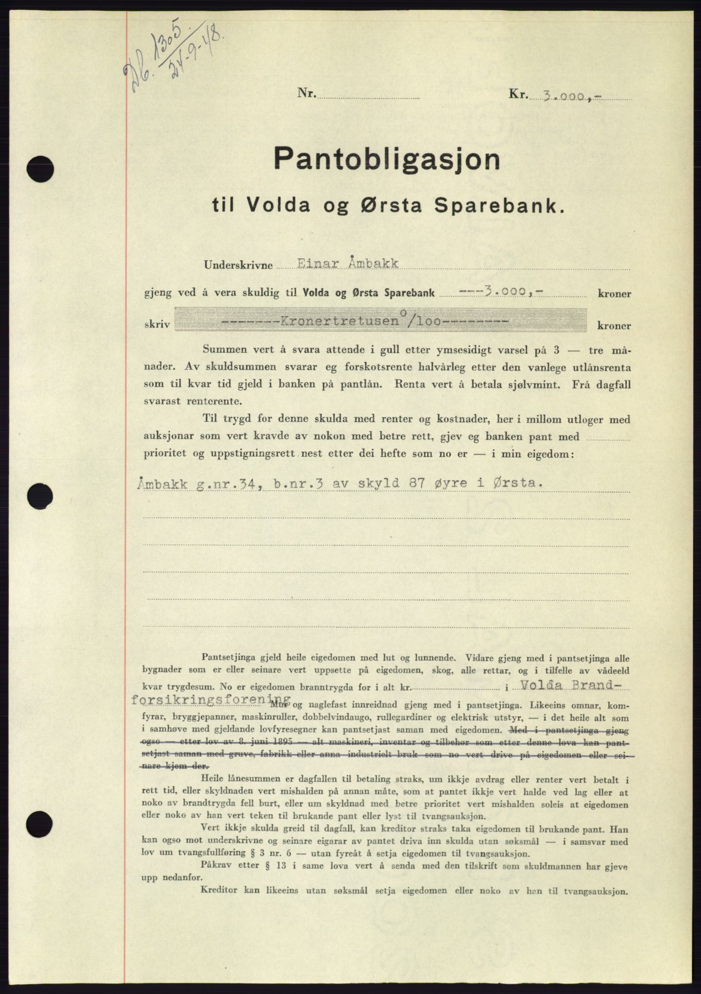 Søre Sunnmøre sorenskriveri, AV/SAT-A-4122/1/2/2C/L0116: Mortgage book no. 4B, 1948-1949, Diary no: : 1305/1948