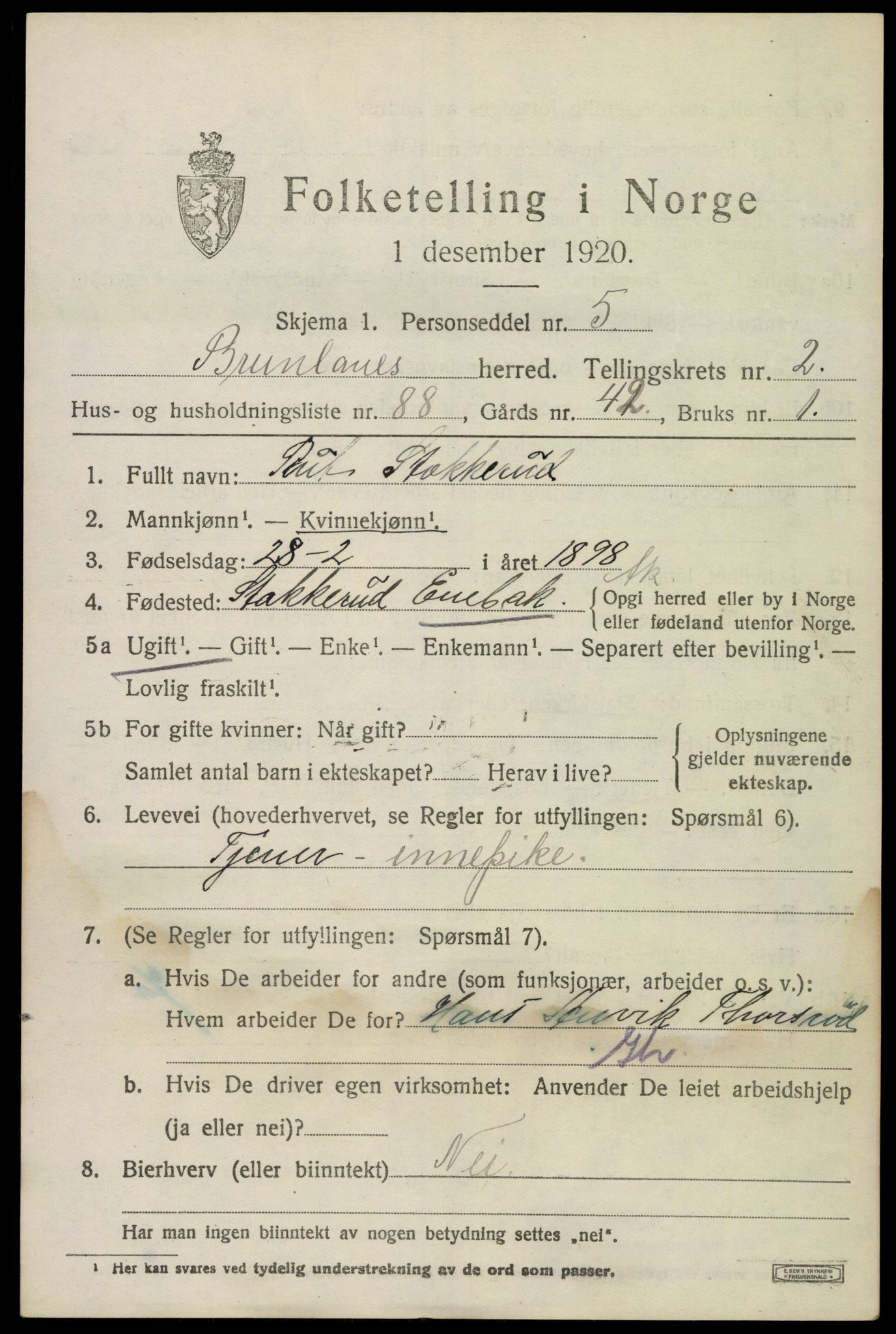 SAKO, 1920 census for Brunlanes, 1920, p. 4487