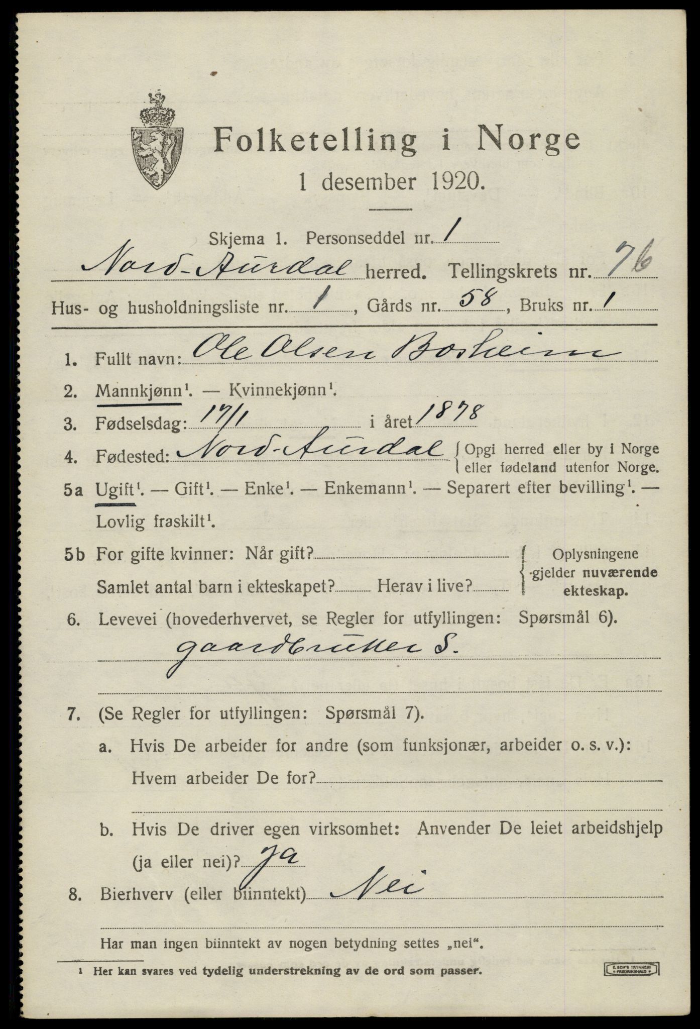 SAH, 1920 census for Nord-Aurdal, 1920, p. 6658