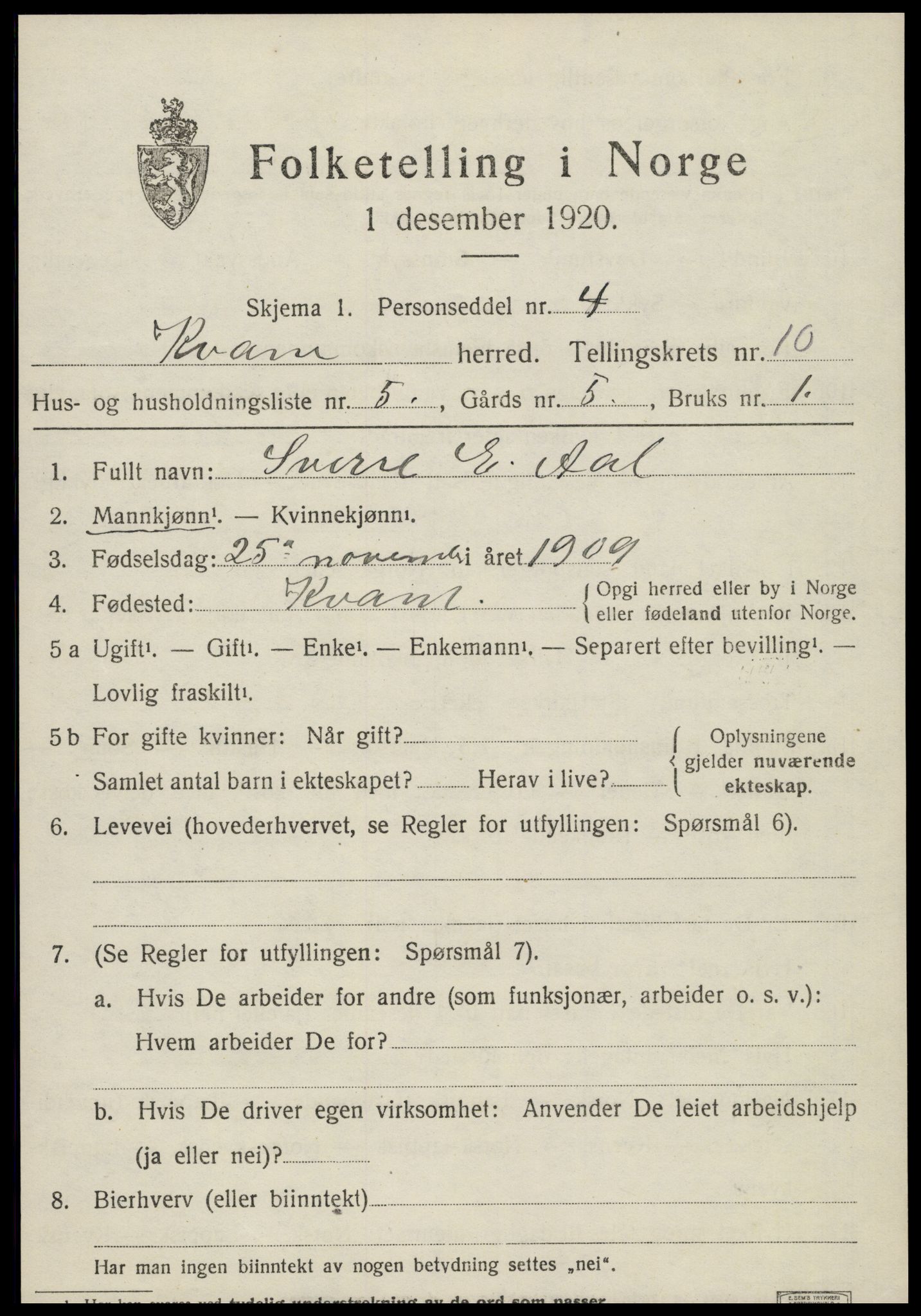 SAT, 1920 census for Kvam, 1920, p. 2553
