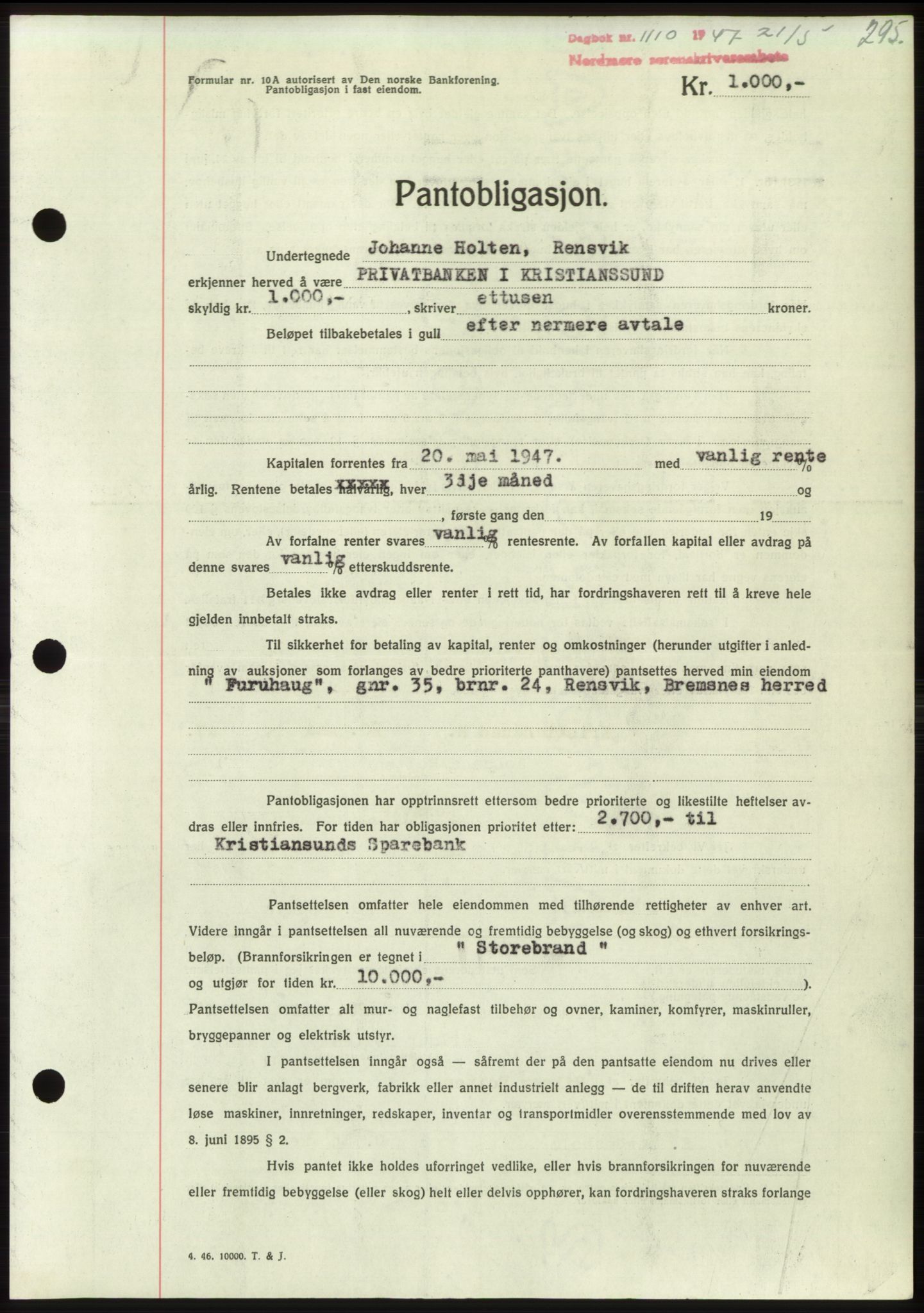 Nordmøre sorenskriveri, AV/SAT-A-4132/1/2/2Ca: Mortgage book no. B96, 1947-1947, Diary no: : 1110/1947