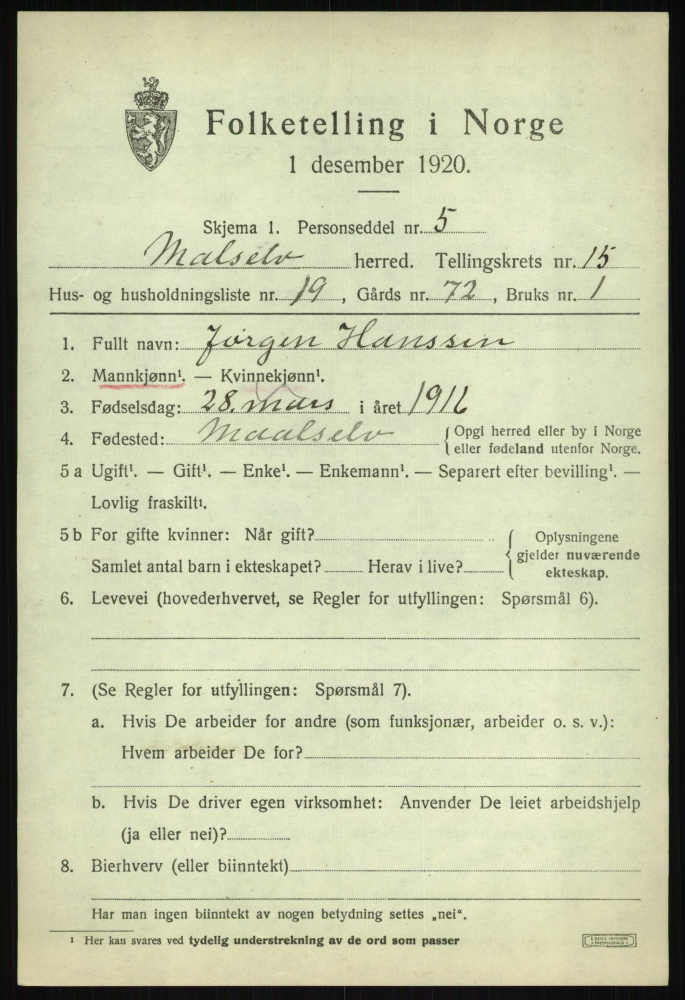 SATØ, 1920 census for Målselv, 1920, p. 7873