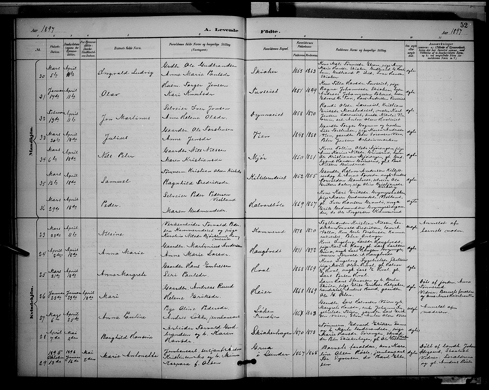 Gran prestekontor, AV/SAH-PREST-112/H/Ha/Hab/L0005: Parish register (copy) no. 5, 1892-1900, p. 52