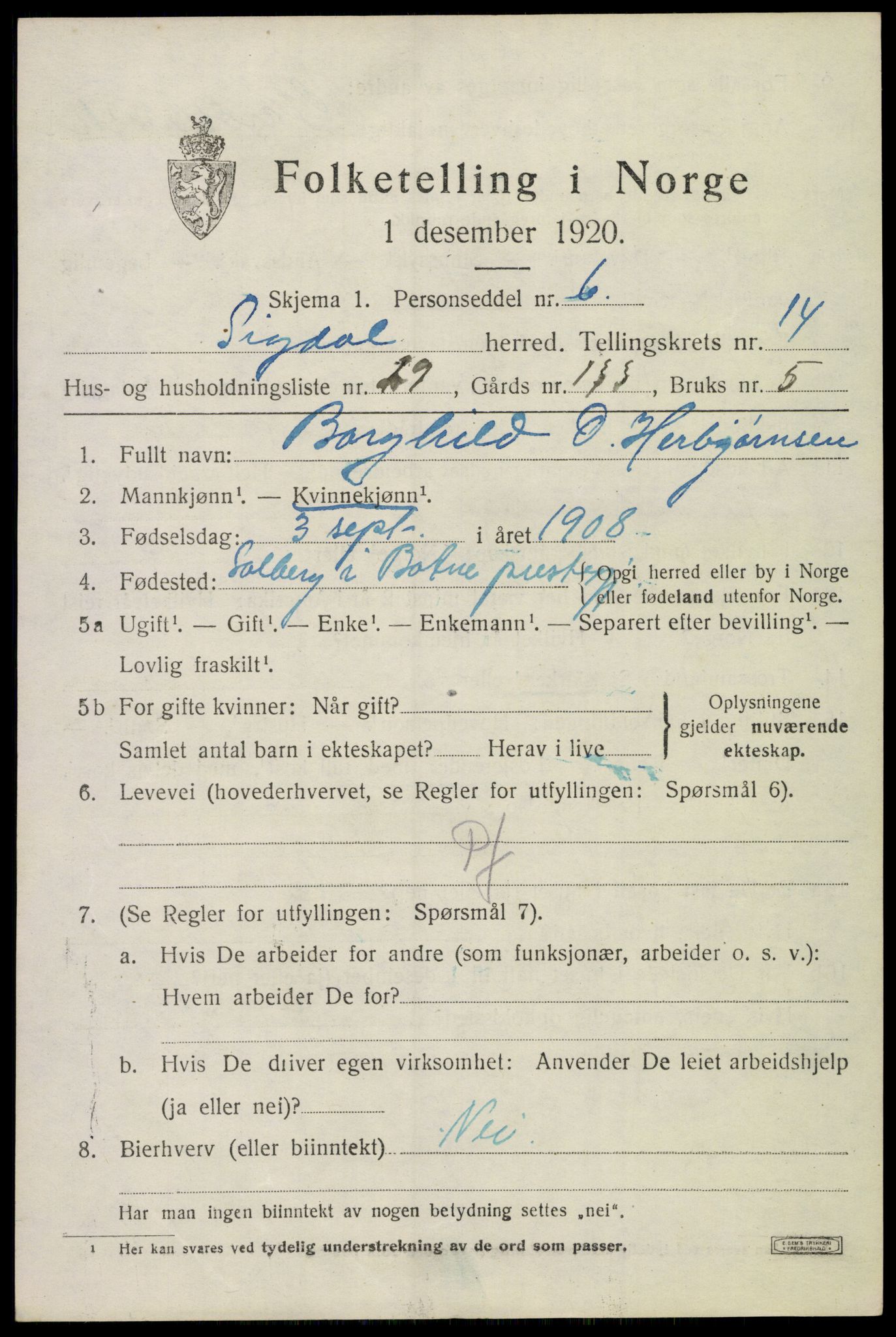 SAKO, 1920 census for Sigdal, 1920, p. 8924