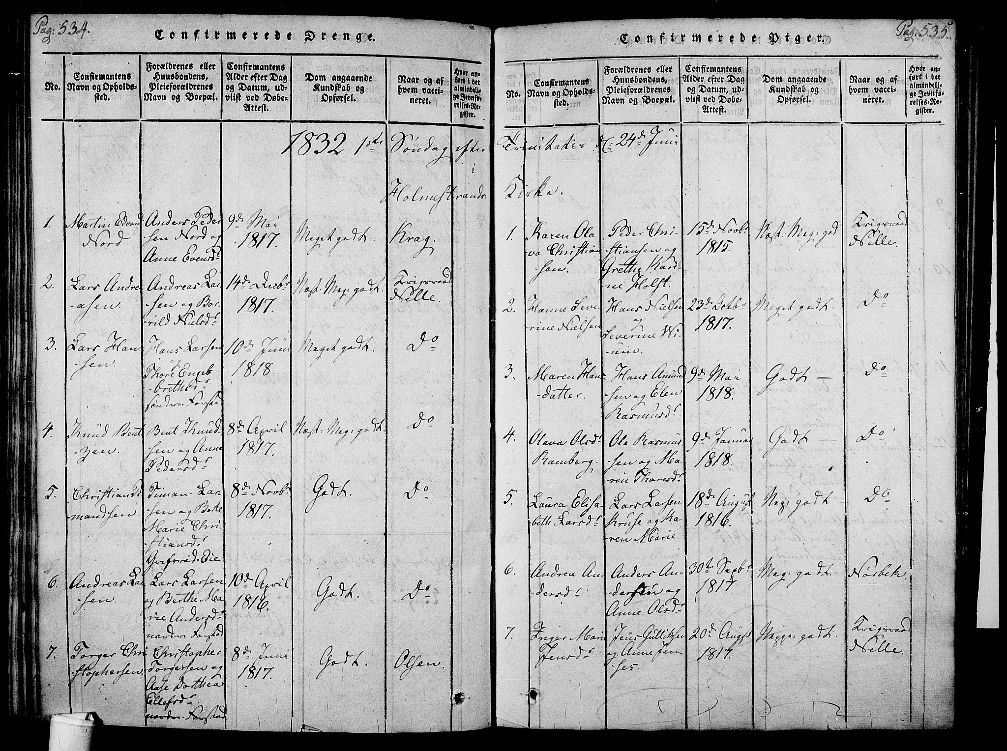 Holmestrand kirkebøker, SAKO/A-346/F/Fa/L0001: Parish register (official) no. 1, 1814-1840, p. 534-535